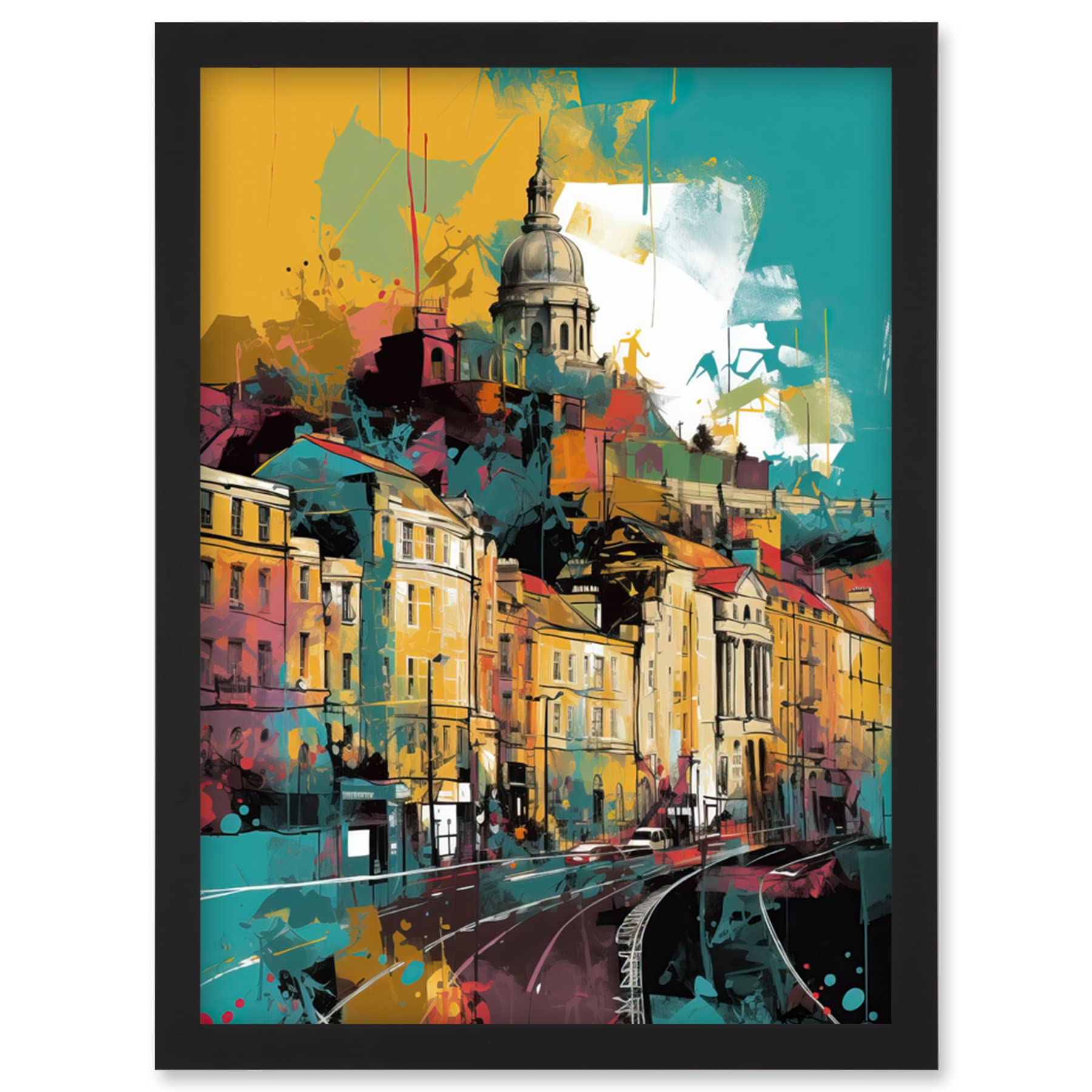 Artery8 Nottingham City Modern Multicoloured Cityscape Artwork Framed Wall Art Print A4