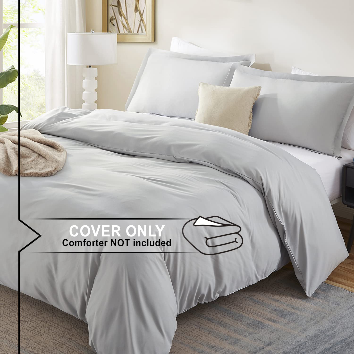 Nestl Light Grey Duvet Cover Queen Size - Soft Queen Duvet Cover Set, 3 Piece Double Brushed Queen Size Duvet Covers with Button Closure, 1 Duvet Cover 90x90 inches and 2 Pillow Shams