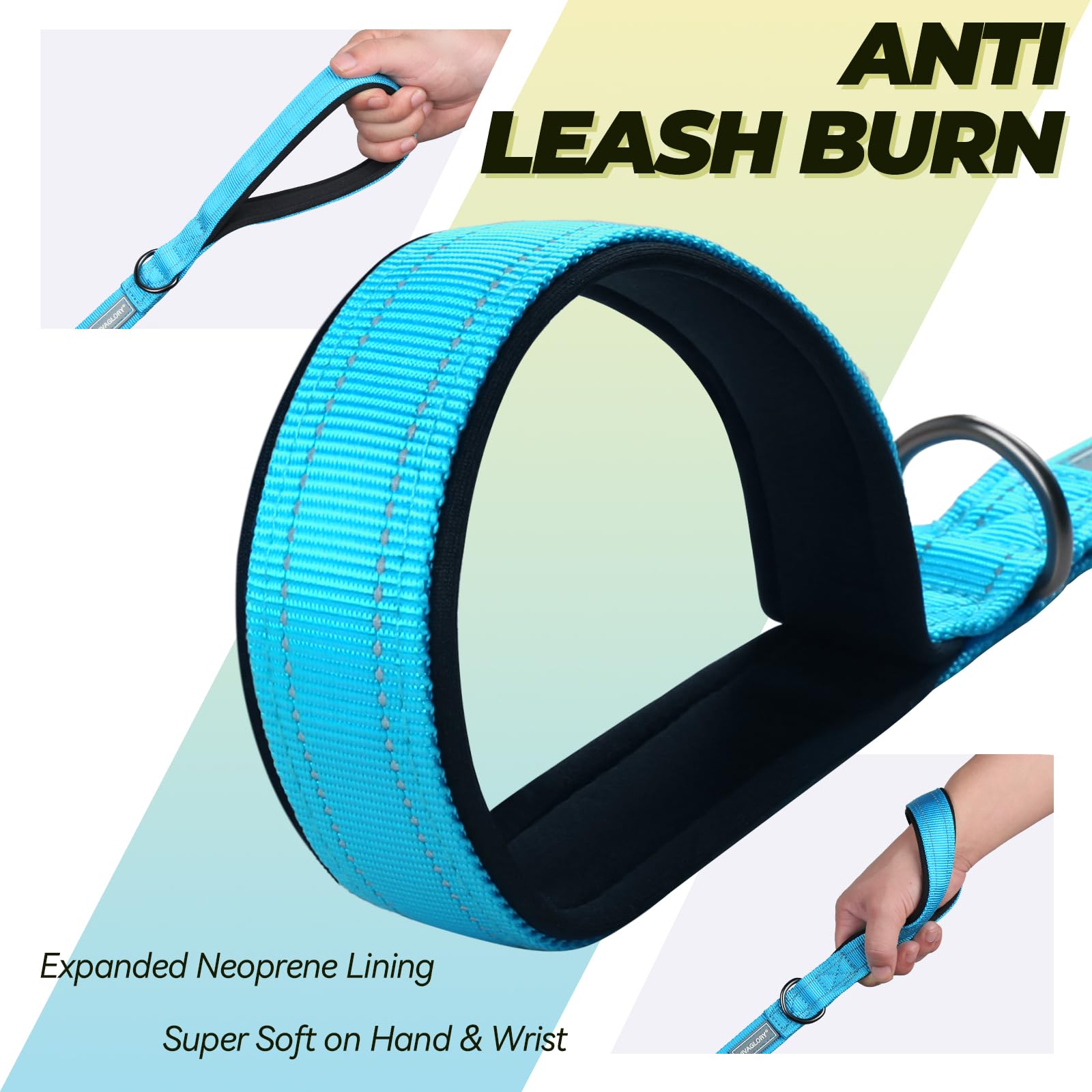 VIVAGLORY Correas para Perro con Asa de Tráfico, Correa Fuerte para Perro con Dos Asas Blandas Acolchadas, Correa de Entrenamiento con Reflectante y Gancho de Metal, Azul Lago