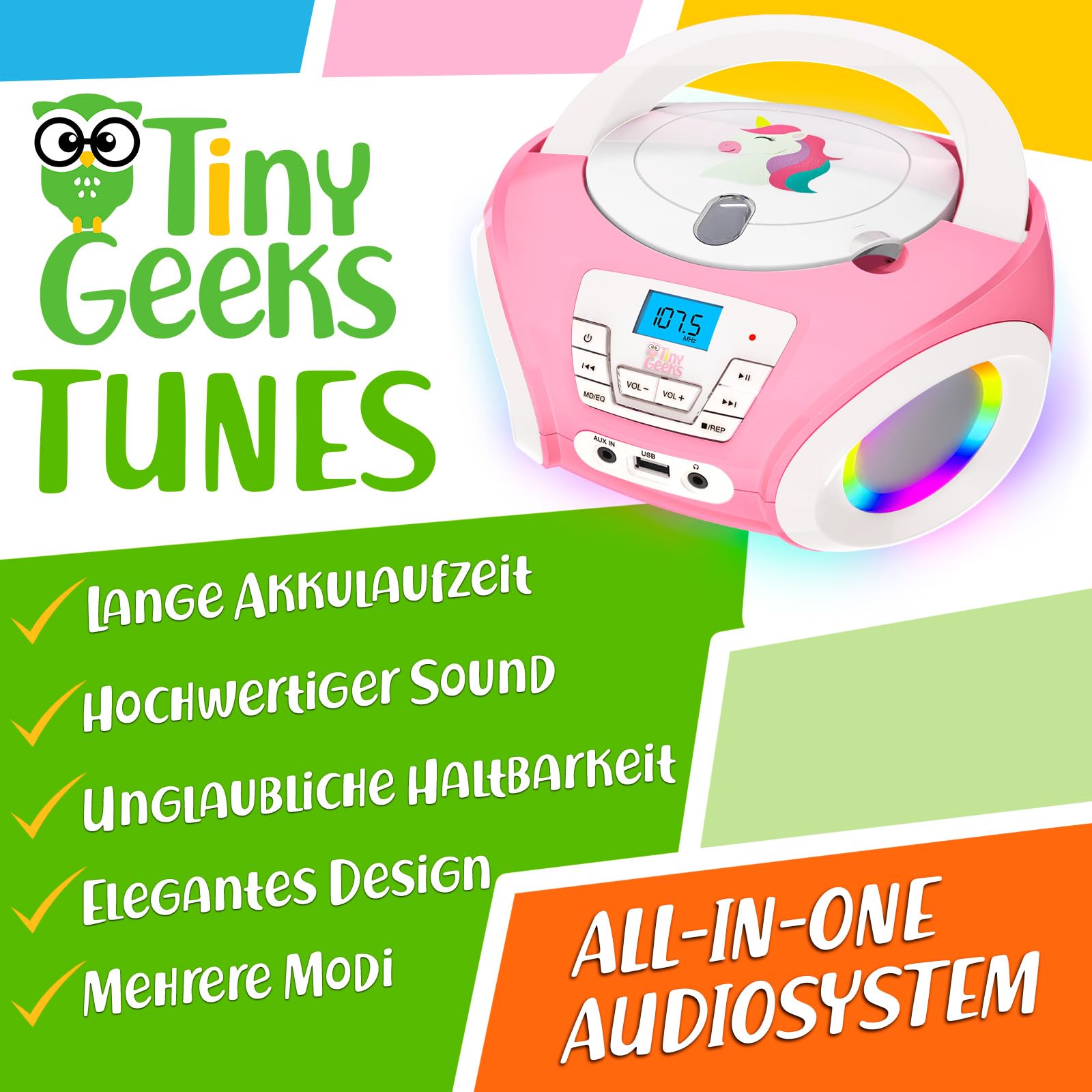 TINYGEEKS Tunes Kids Boombox CD-Player für Kinder NEU - UKW-Radio - Inklusive Batterien - Rose Radio - mit Lautsprechern Kinder und Kleinkinder - Rose