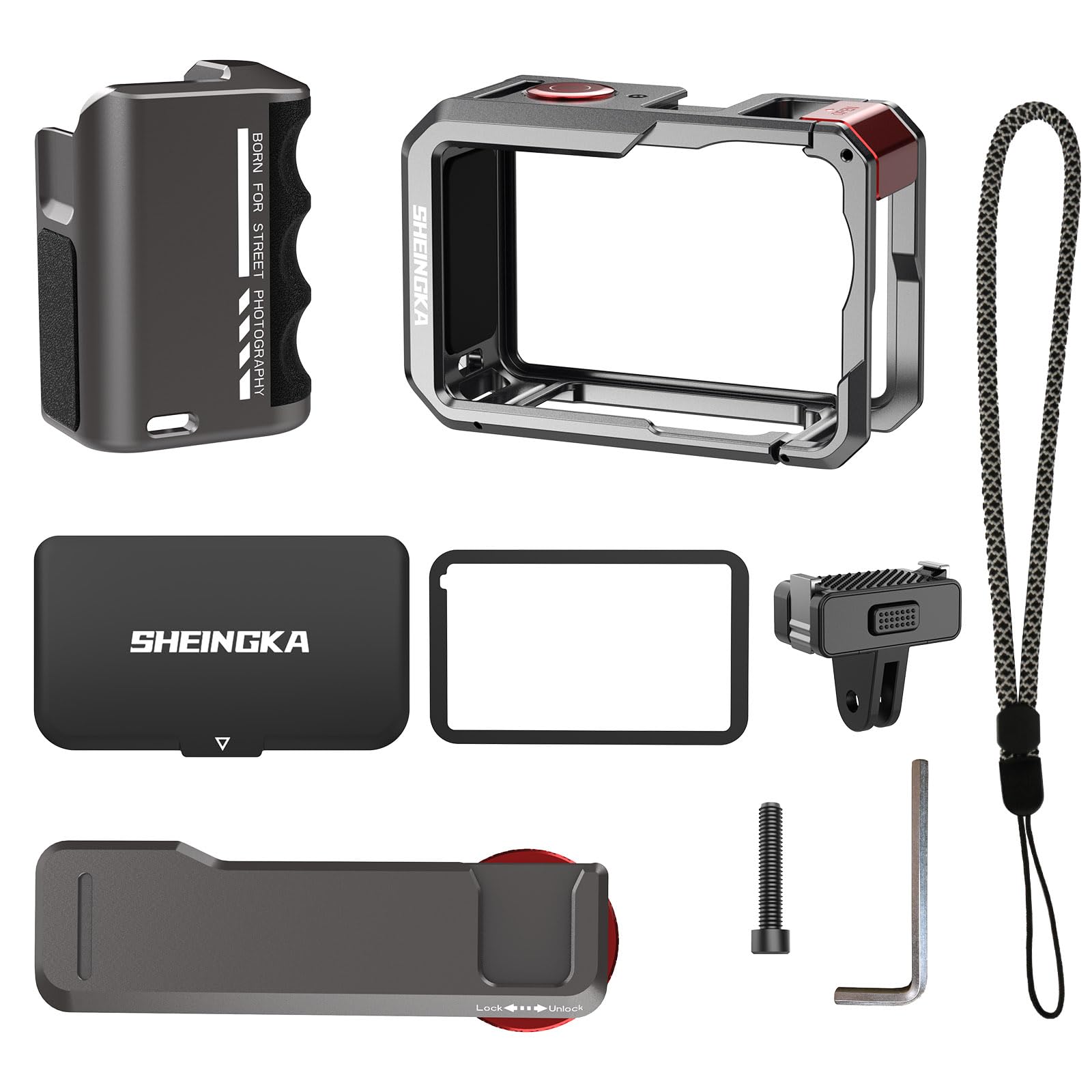 Street Grip Combo para DJI Osmo Action 6, soporte para vlog con jaula de conejo y parasol, mango magnético de liberación rápida con mecanizado CNC para accesorios de cámara