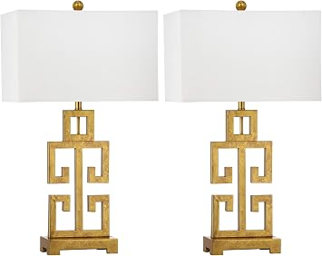 SAFAVIEH Lighting Collection Greek Key Table Lamp Set of 2 Antique Gold Metal Base with White Fabric Shade, LED Bulbs Included, 29-Inch Bedroom Living Room Desk Lamps LIT4305A-SET2