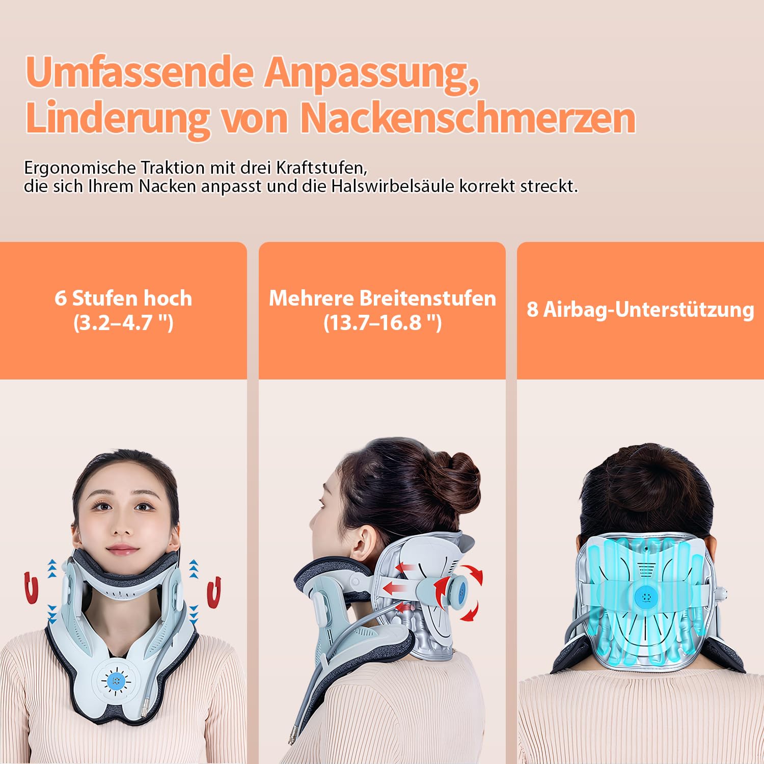 Dispositivo de tracción cervical para estiramiento del cuello y apoyo, con 3 Power Traction y 8 Airbag Support para dolor de cuello, estiramiento de la columna vertebral, uso doméstico, bomba de aire