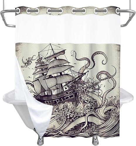 Vista 15 de Juego de cortinas de ducha náuticas de tela, diseño de pulpo, monstruo, velero, decoración de baño con ganchos, impermeable, lavable, 72 x 72