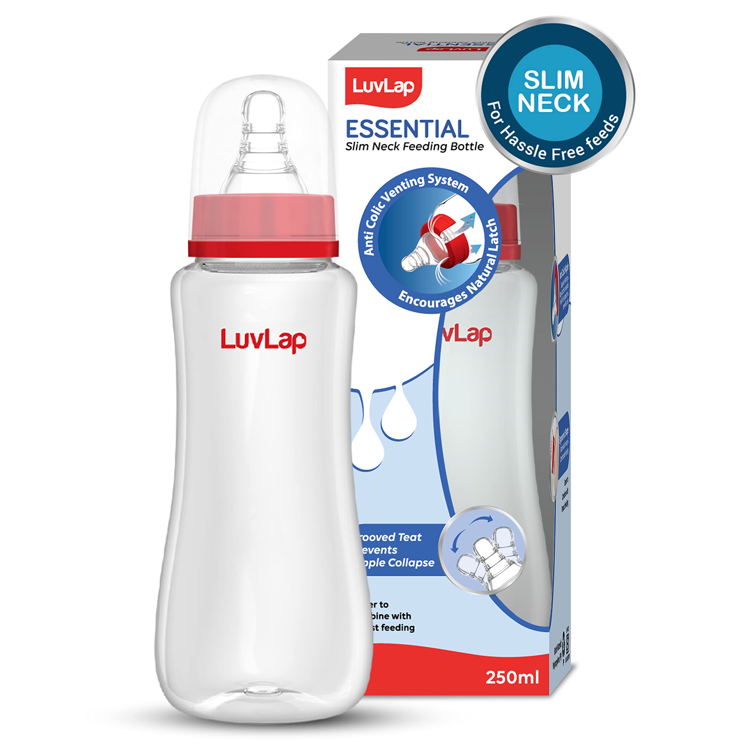 LuvLap Baby Essential Slim Neck Polypropylene Feeding Bottle, 250Ml, Plain, with anti Colic Nipple, New Born / Infants / Toddler upto 3 years, BPA Free, Red