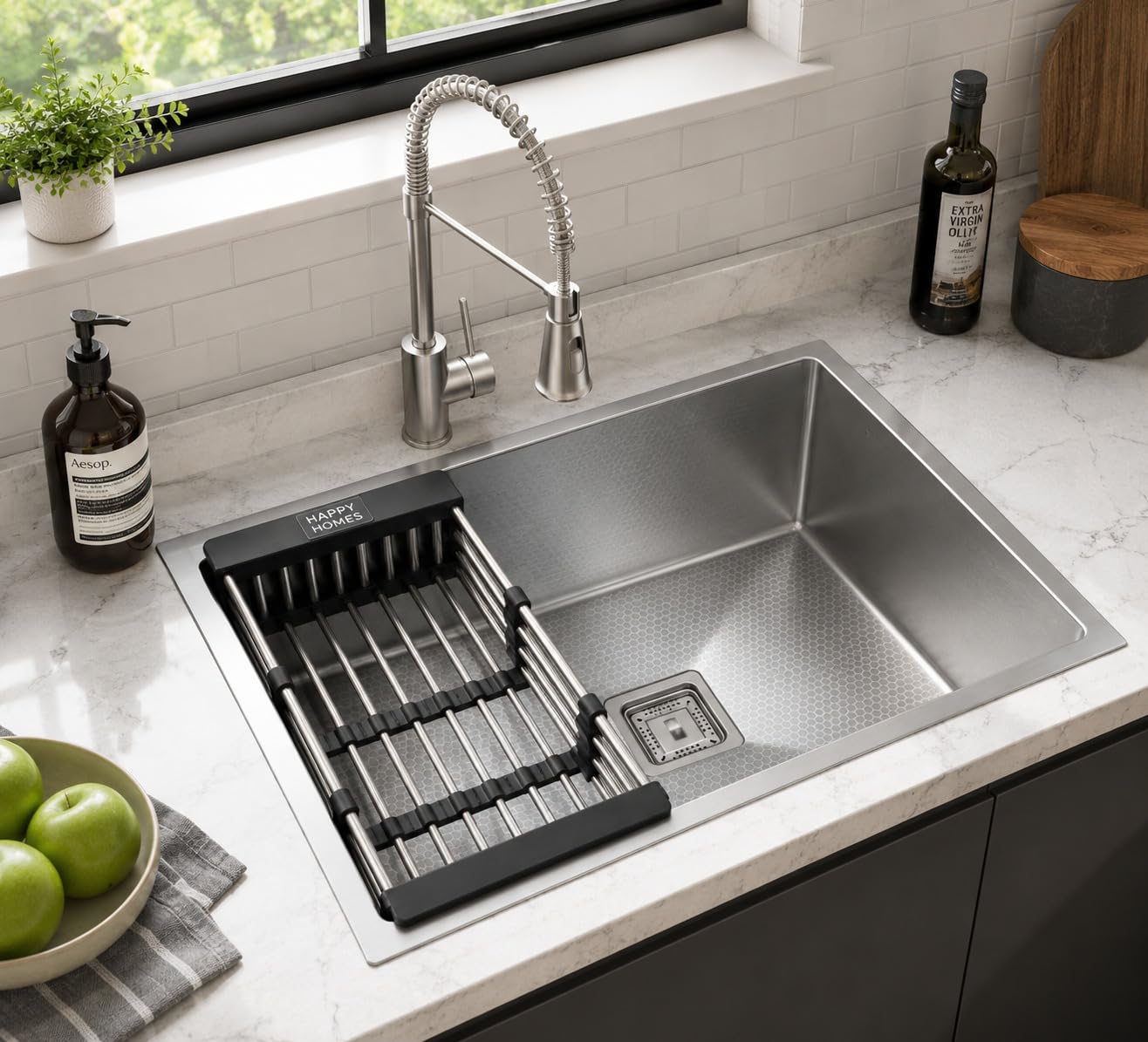 HAPPY HOMES HAPPY HOMES 304 Stainless Steel Kitchen Sink (24X18X10 Inch) Heavy Duty with HONEYCOMB ANTISCRATCH Design Matte Finish with Nanocoated Undercoating |Square Coupling and Metal Fruit Basket discount deal