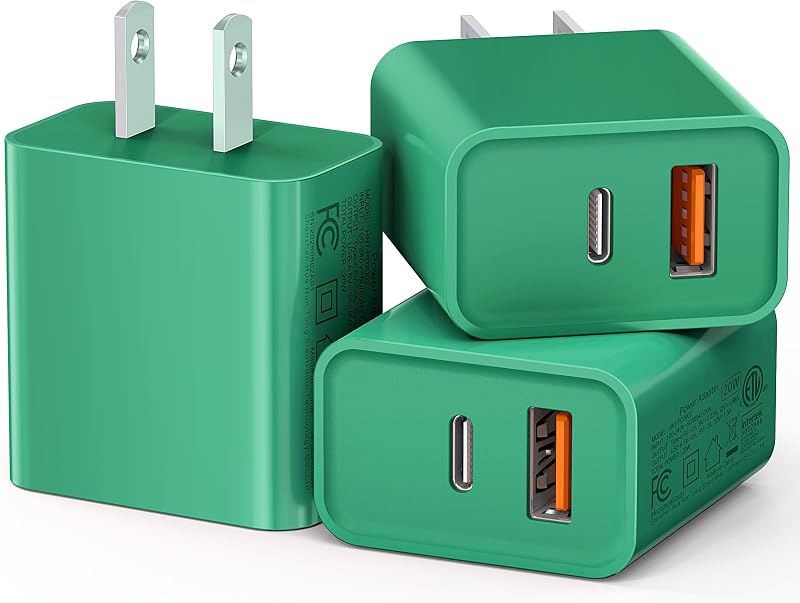 20W USB C Fast Charger, 3Pack Durable Dual Port PD 3.0 with USB A Wall Charger Block for iPhone, iPad Pro, AirPods Pro, Samsung Galaxy, Motorola, LG, Google Pixel Brick Plug Power Adapter(Green)