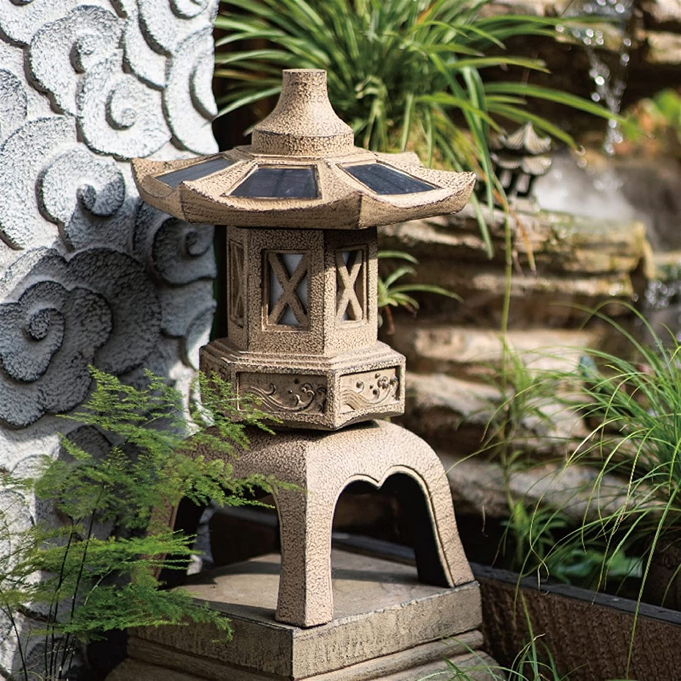 Estatua al Aire Libre de Pagoda de Piedra Alta de 18,9 Pulgadas, Escultura de jardín de Farol japonés Zen Impermeable, luz LED con energía Solar, decoración para Exteriores