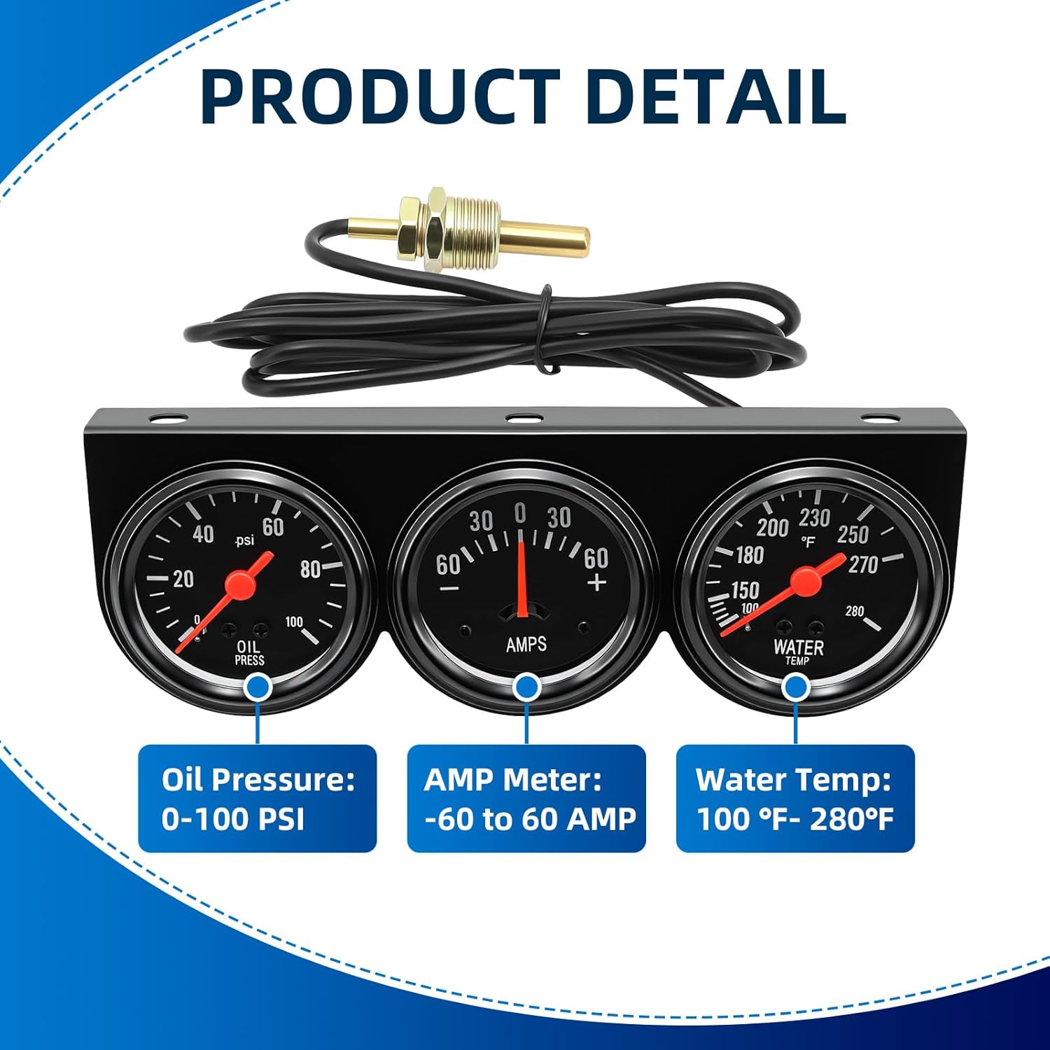 MH 2inch 52mm Triple Gauge Set, Oil Pressure Gauge (0-150PSI) Water Temperature (100°F-280°F) Ammeter (-60 to 60AMP), Car Auto 3 Gauges kit