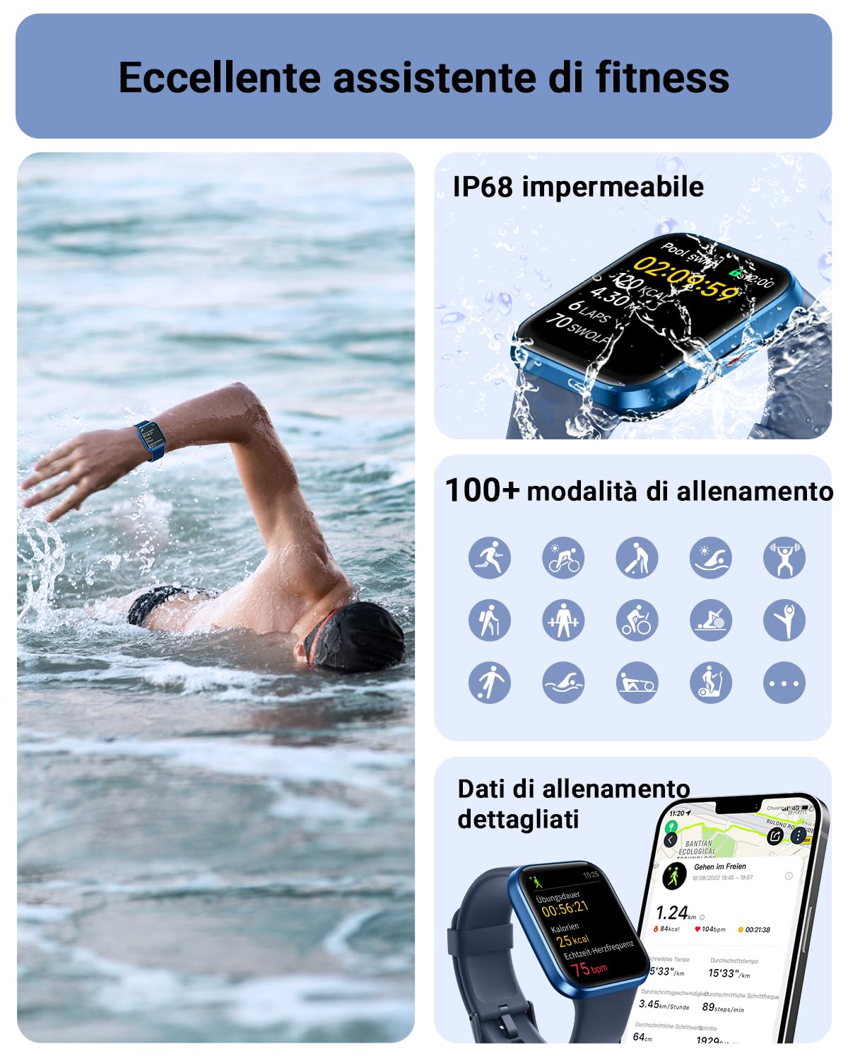 Tensky Orologio Smartwatch Uomo Donna 1,8" Smart Watch con Rispondi/Fai Chiamate, Alexa Integrata, 110+ Sport, Contapassi Monitoraggio Sonno SpO2 Frequenza Cardiaca, Impermeabile IP68, per Android iOS