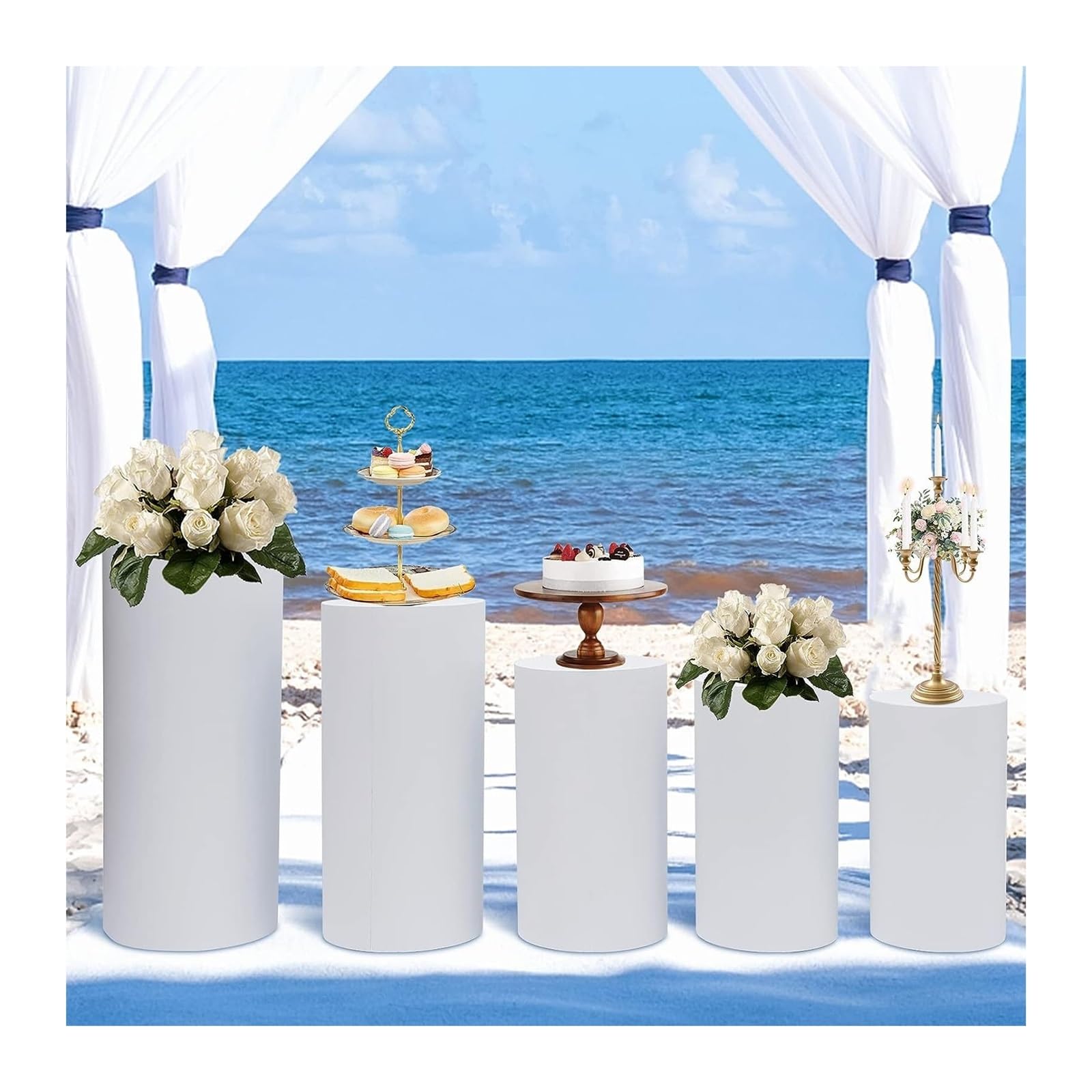 5 Supports Cylindres Carton Mariage – Piédestaux Pliable + Plateau Acrylique Pour Gâteaux & Déco Fête