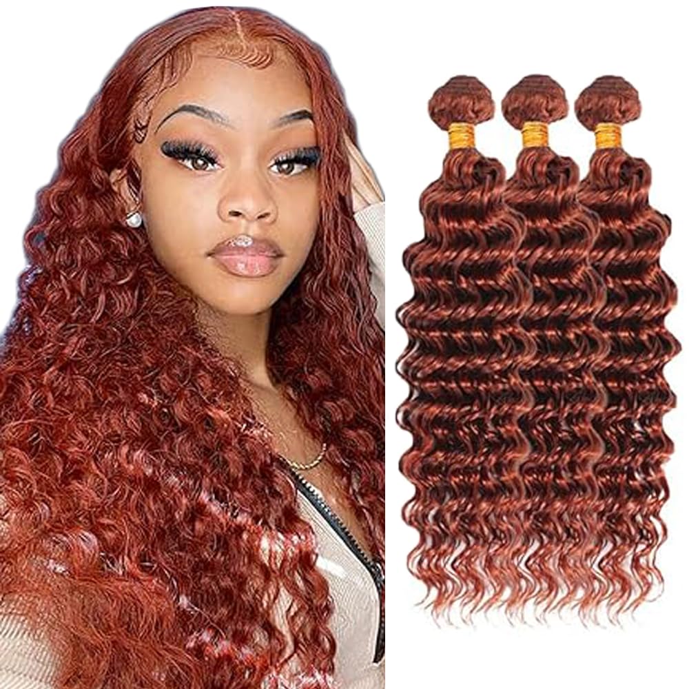 Deep Wave Bundles Human Hair ExtensionsExtension Cheveux Naturel Perruque Femme Unprocessed Brazilian Virgin Hair Weave #33 Reddish Brown 3 Bundles Total 300g 16 18 20 Inch