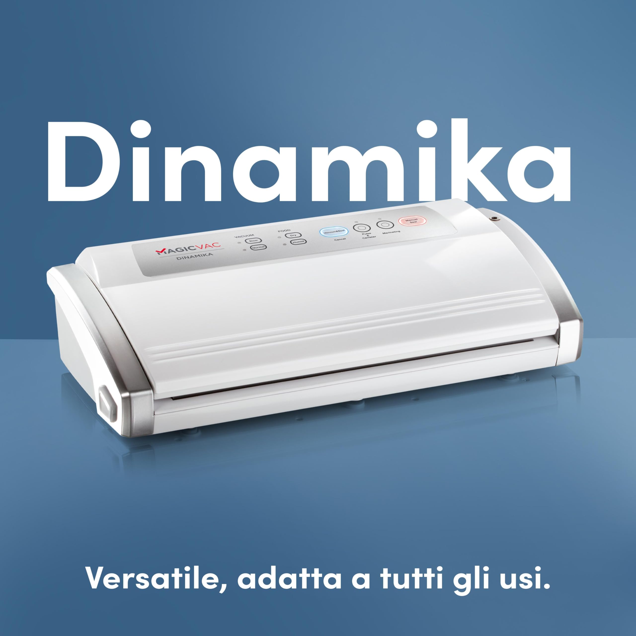 Magic Vac, Dinamika, Macchina Sottovuoto Alimenti Multifunzione Professionale, per Sacchetti Sottovuoto, Contenitori e Marinatura, con Kit Sottovuoto Alimenti, Brevettata, Silver White