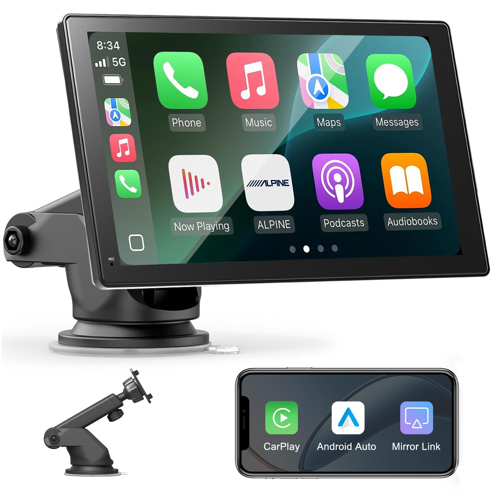 Schermo Per Auto Portatile con Carplay Wireless Andriod Auto,Display da 7 Pollici HD Touchscreen,Autoradio with Mirror Link, Bluetooth, Voice Control, Navigazione GPS,FM Trasmettitore, AUX, Airplay