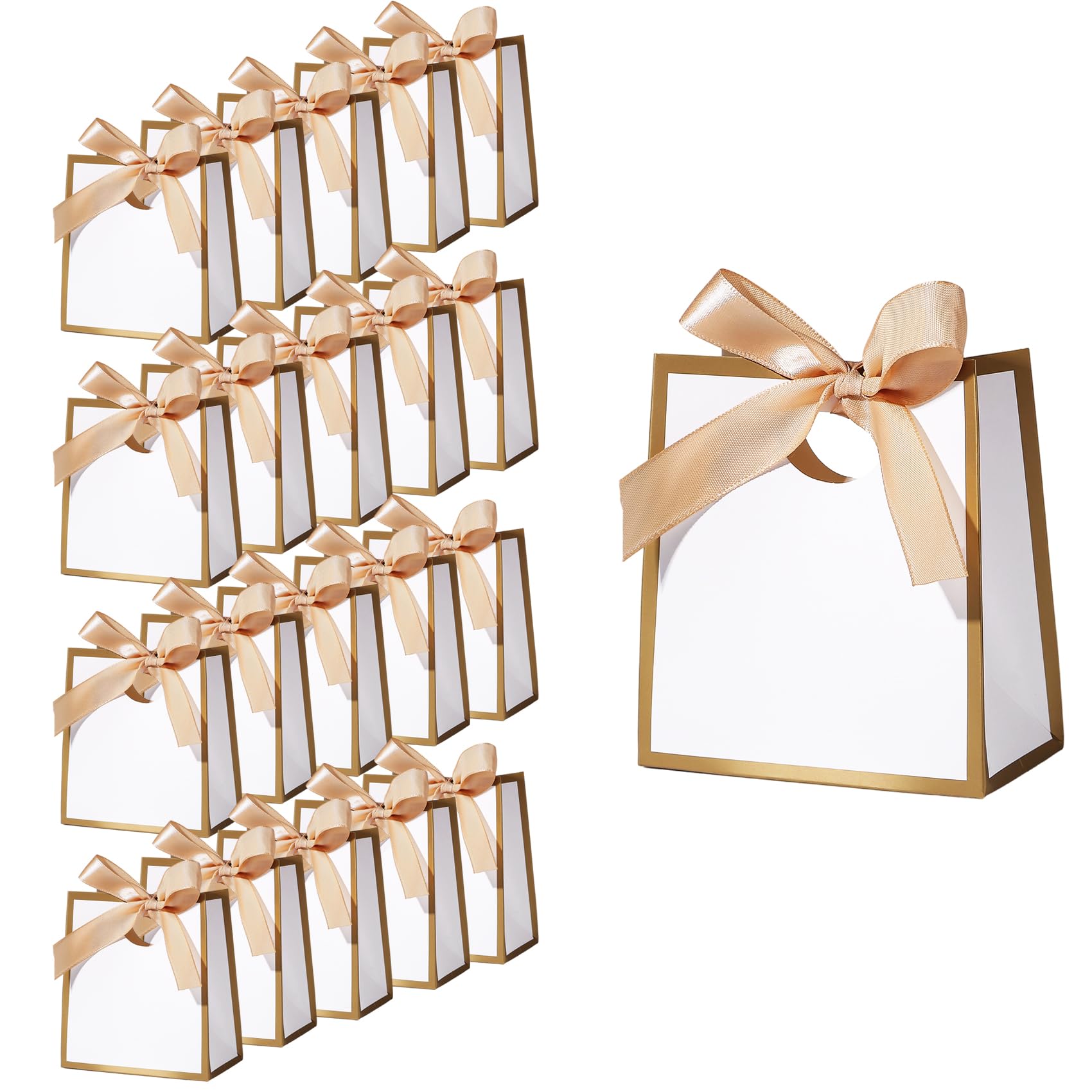 20Pcs Mini Gift Bags with Gold Ribbons 12× 11× 6 cm Small White Gift Bags White Party Bags for Wedding Baby Shower Birthday