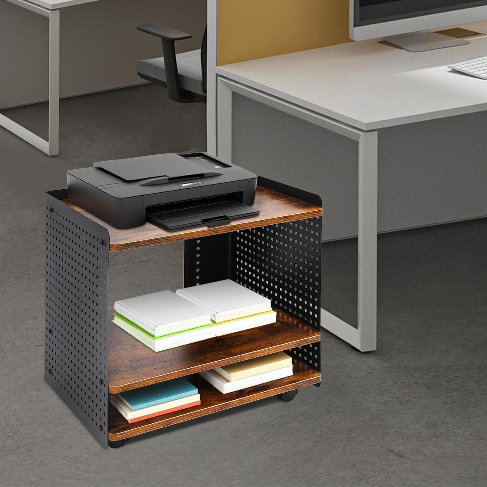 Soporte para impresora con ruedas con 3 niveles, soporte para impresora móvil con ruedas, carrito auxiliar para oficina, estantería para impresoras, 50 x 39 x 50 cm, carrito de oficina, mesa de