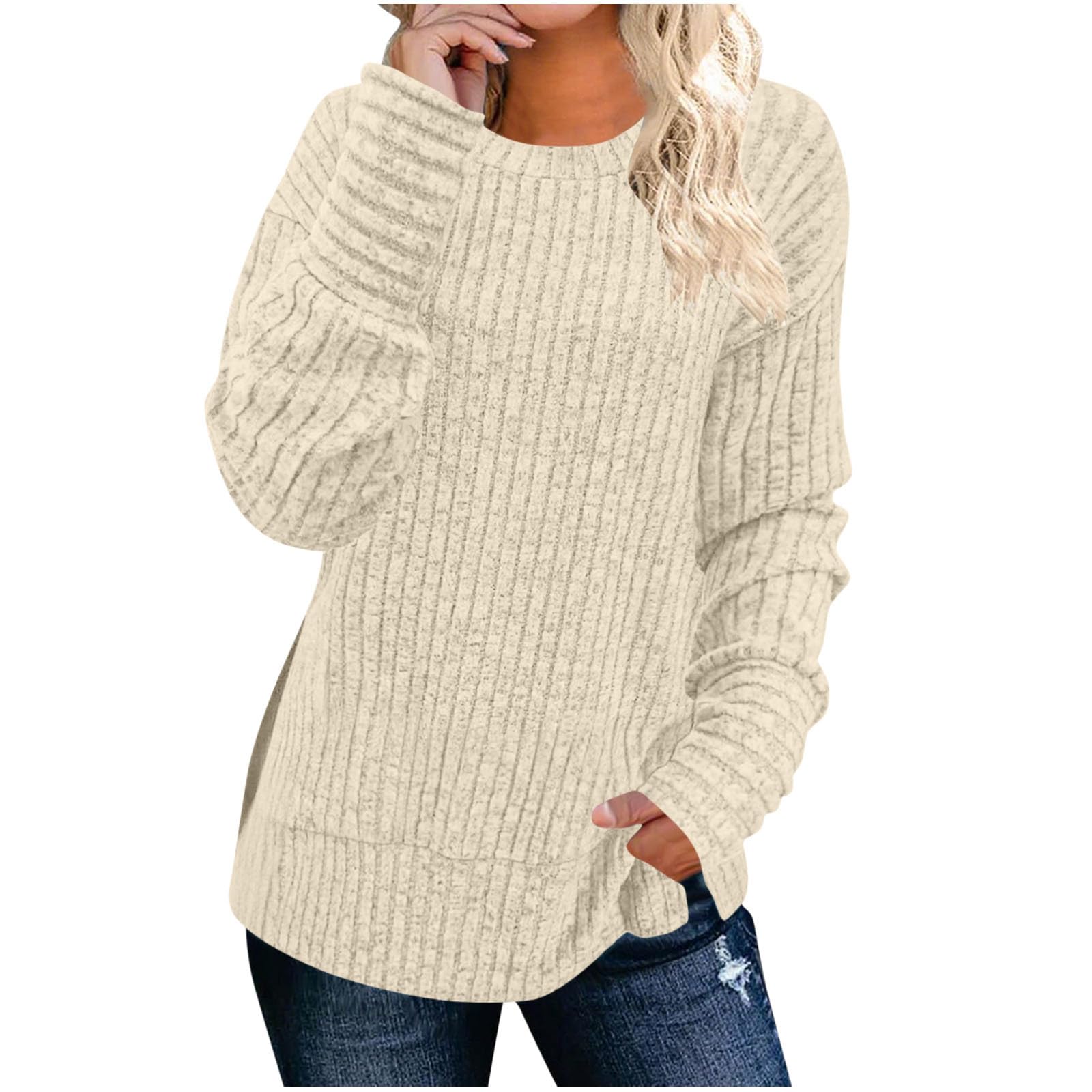 Tunic Sweaters for Women Solid Crewneck Long Sleeve Shirts Side Split Casual Fall Tops Lightweight Sweater