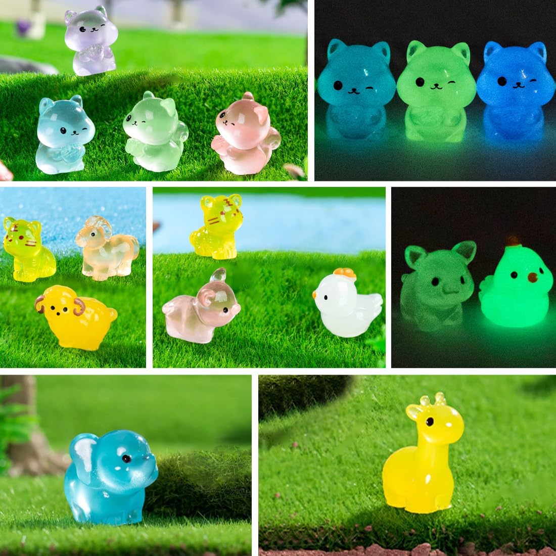 250 Pcs Luminous Mini Resin Animals Tiny Mini Figurines Glow in The Dark Garden Miniatures Animal for Micro Dollhouse Landscape Fairy Garden Decorations