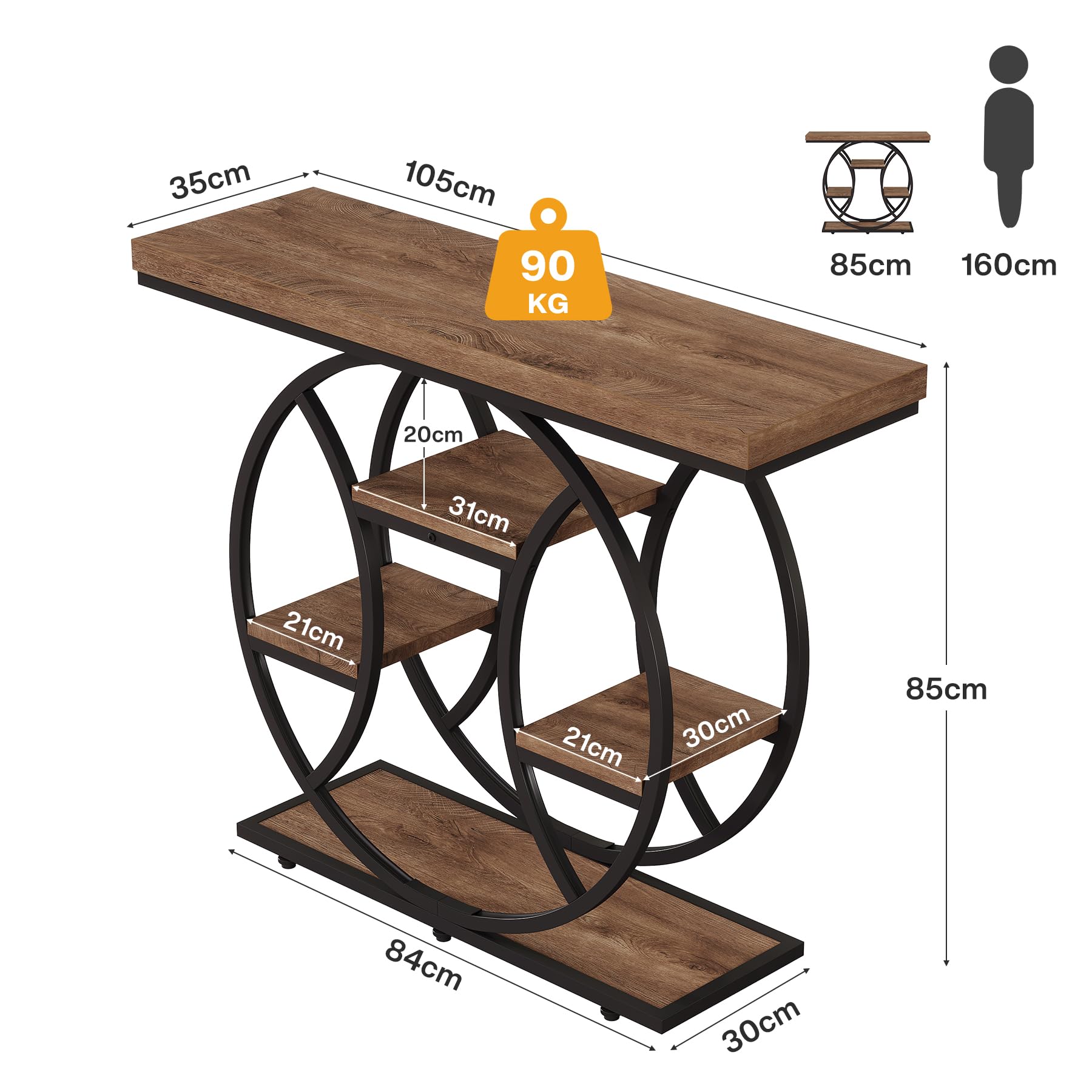 Tribesigns 41.3" Console Table, 4-Tier Industrial Sofa Table with Circular Metal Frame & Storage Shelves, Narrow Entryway & Hallway Table, Rustic Brown Modern Design