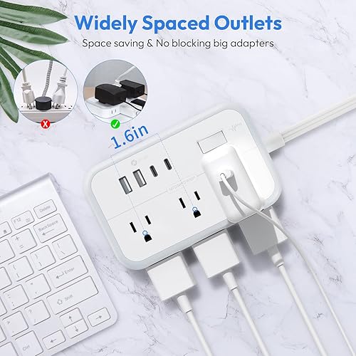 Miniatura 3 de Cable de extensión de enchufe plano de 25 pies, extensor de toma de corriente con 6 tomas, 4 puertos USB, protección contra sobrecarga, cable de