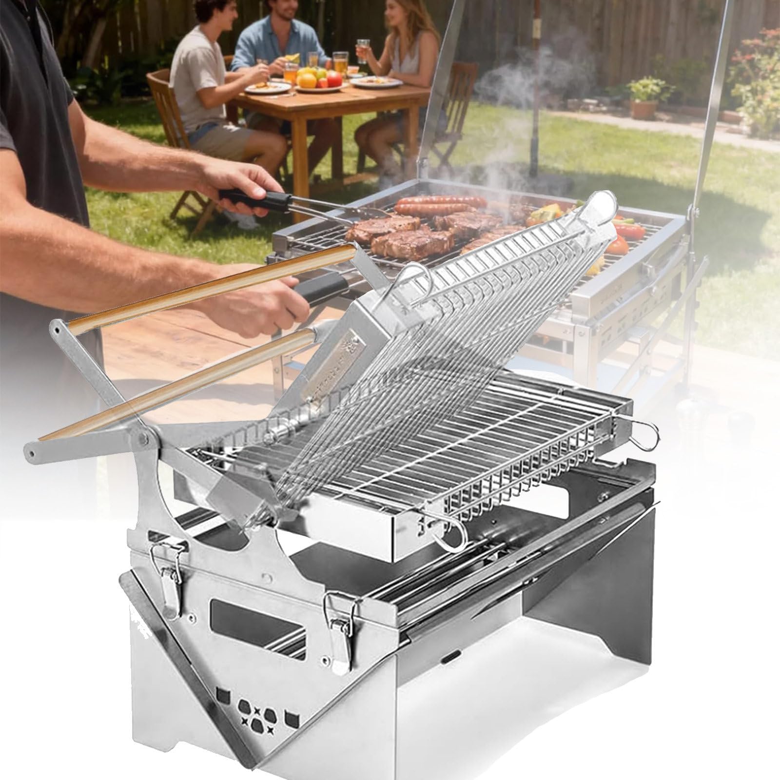 Przenośny grill ze stali nierdzewnej, obracany o 360° grill na węgiel drzewny z obracanym koszem na kemping, tailgating i przygody na świeżym powietrzu, w zestawie torba do grillowania