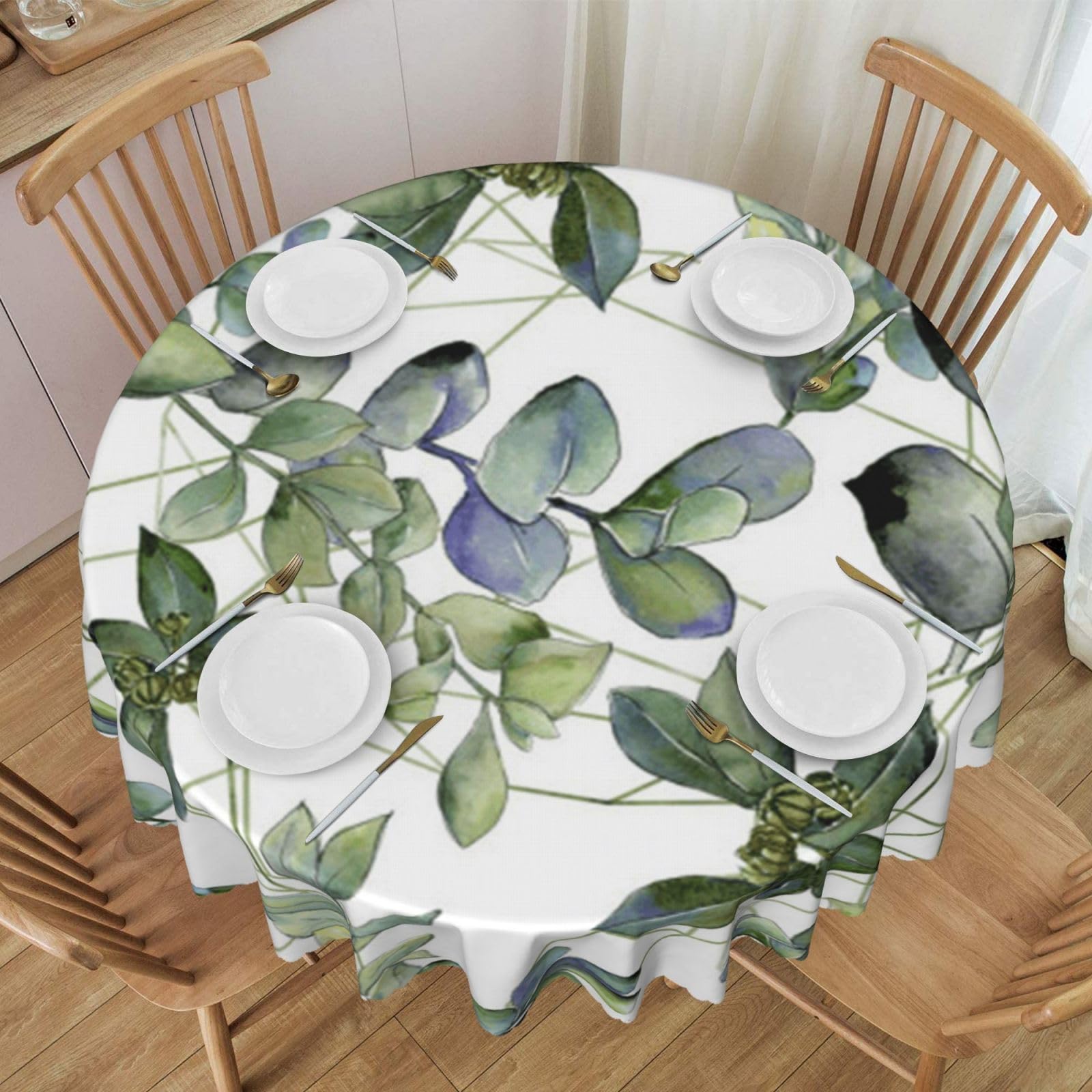 DCEHGEW 60 In Round Tablecloth with Lace, Green Eucalyptus Leaves Printed Oilproof & Washable Fabric Picnic Table Cloth Table Covers