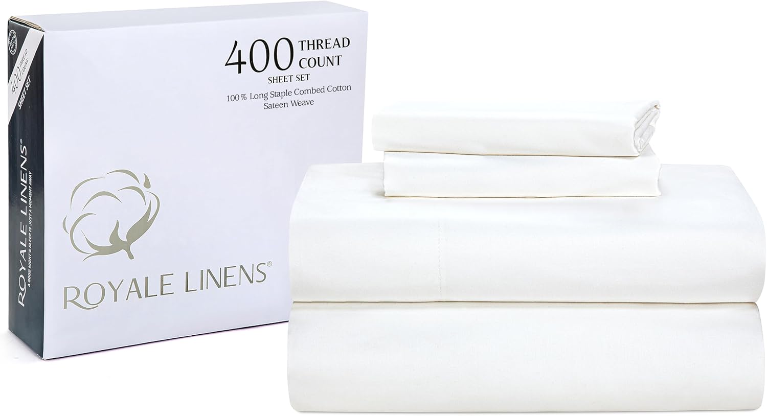 ROYALE LINENS 400 Thread Count 100% American Grown Cotton 4 Piece Sateen Full Sheet Set - 1 Fitted Sheet, 1 Flat Sheet, 2 Pillow case - White Full Bedsheet - Cotton Sheets - (Full, Signature White) - Thumbnail 3
