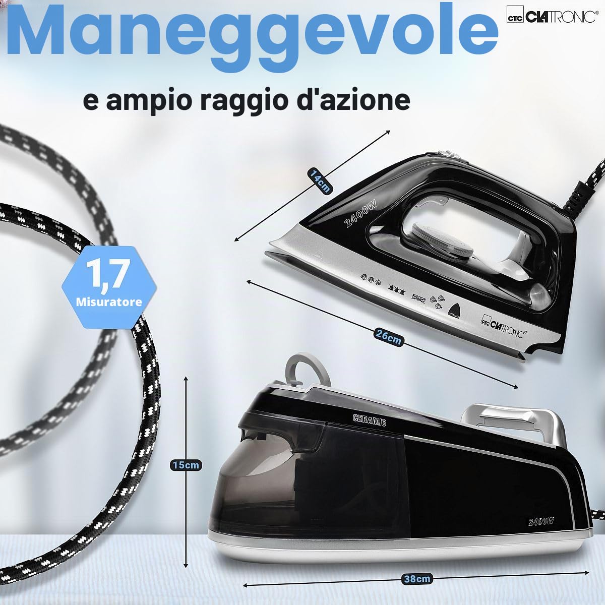 Stazione da stiro a vapore Clatronic con ferro da stiro a vapore | 3,5 bar | ferro da stiro a vapore con piastra Superglide e serbatoio dell'acqua da 1,2 l | 2400 W | con sistema antigoccia|DBS 3749