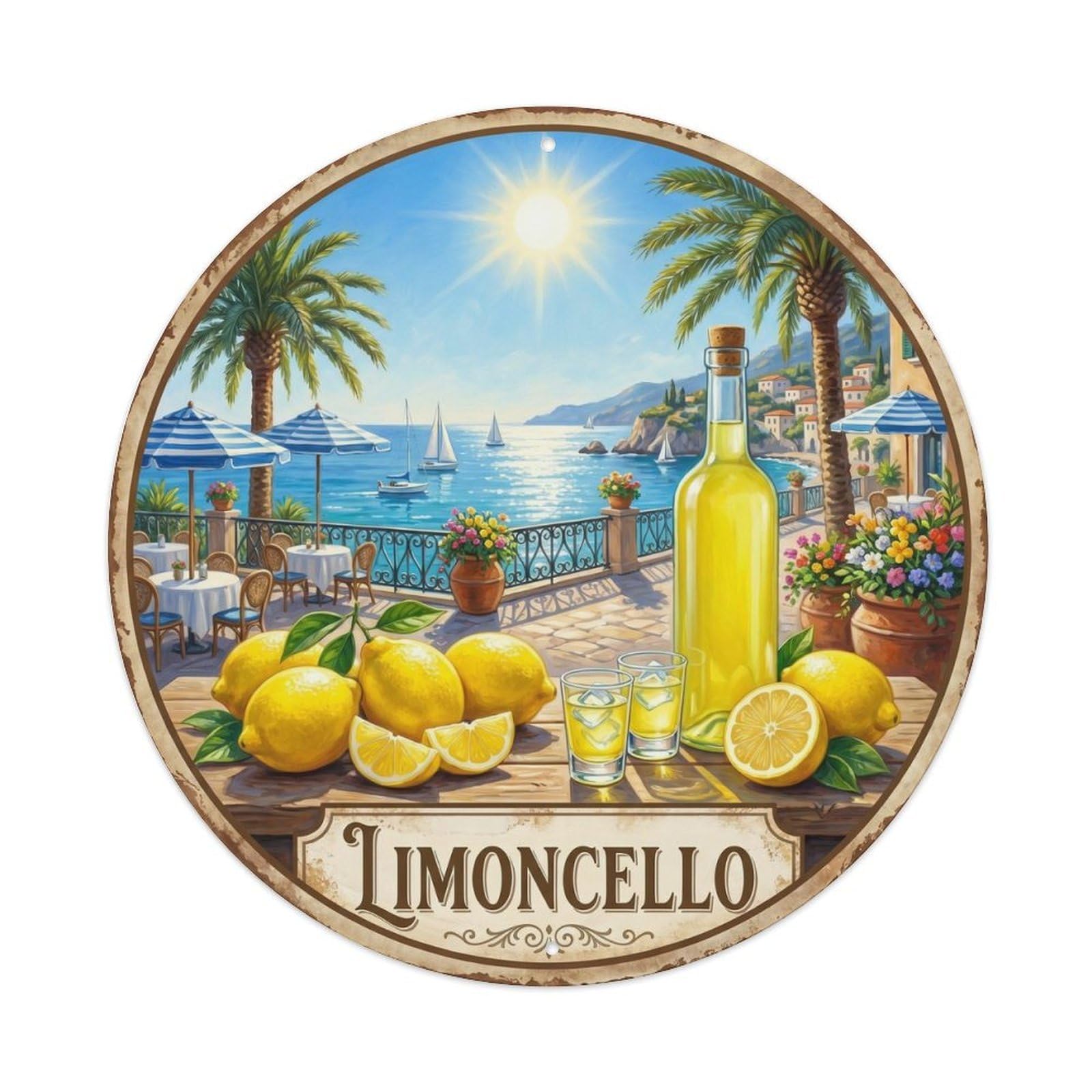 Fqcyn Style Sunshine Limoncello Coast Metal Tin Sign Plaque Wall Decor For Cafe, Club Bar, Office, Home Garden Round Metal Poster 8X8inch