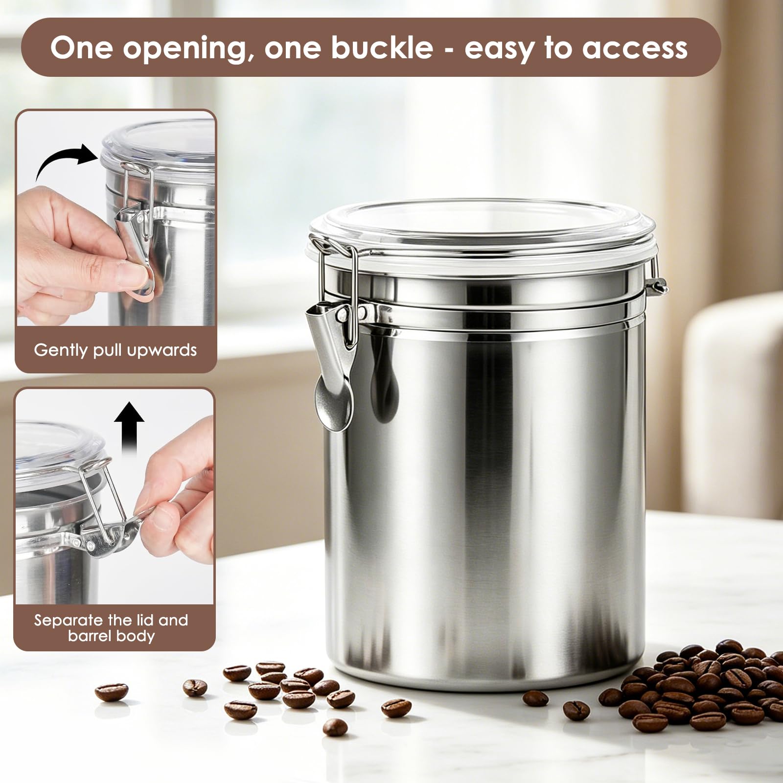 2 contenitori per chicchi di caffè con coperchio, 2 l, in acciaio inox, per la protezione dell'aroma del caffè, per chicchi di caffè, farina, tè o zucchero