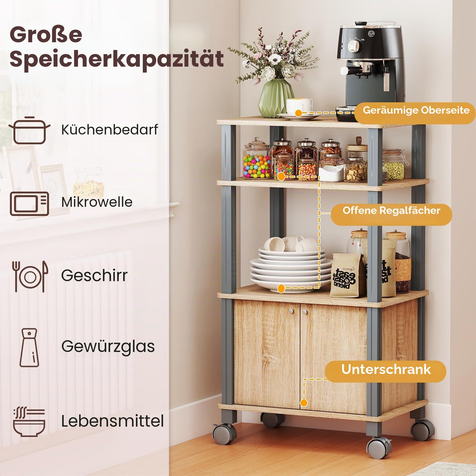 KOMFOTTEU Küchenwagen mit 3 Ebenen, Küchenregal mit Rollen und Schrank mit Tür, Beistellwagen aus Holz, Servierwagen, Organizer, Aufbewahrung für Esszimmer, 60 x 40 x 98 cm (Natur)