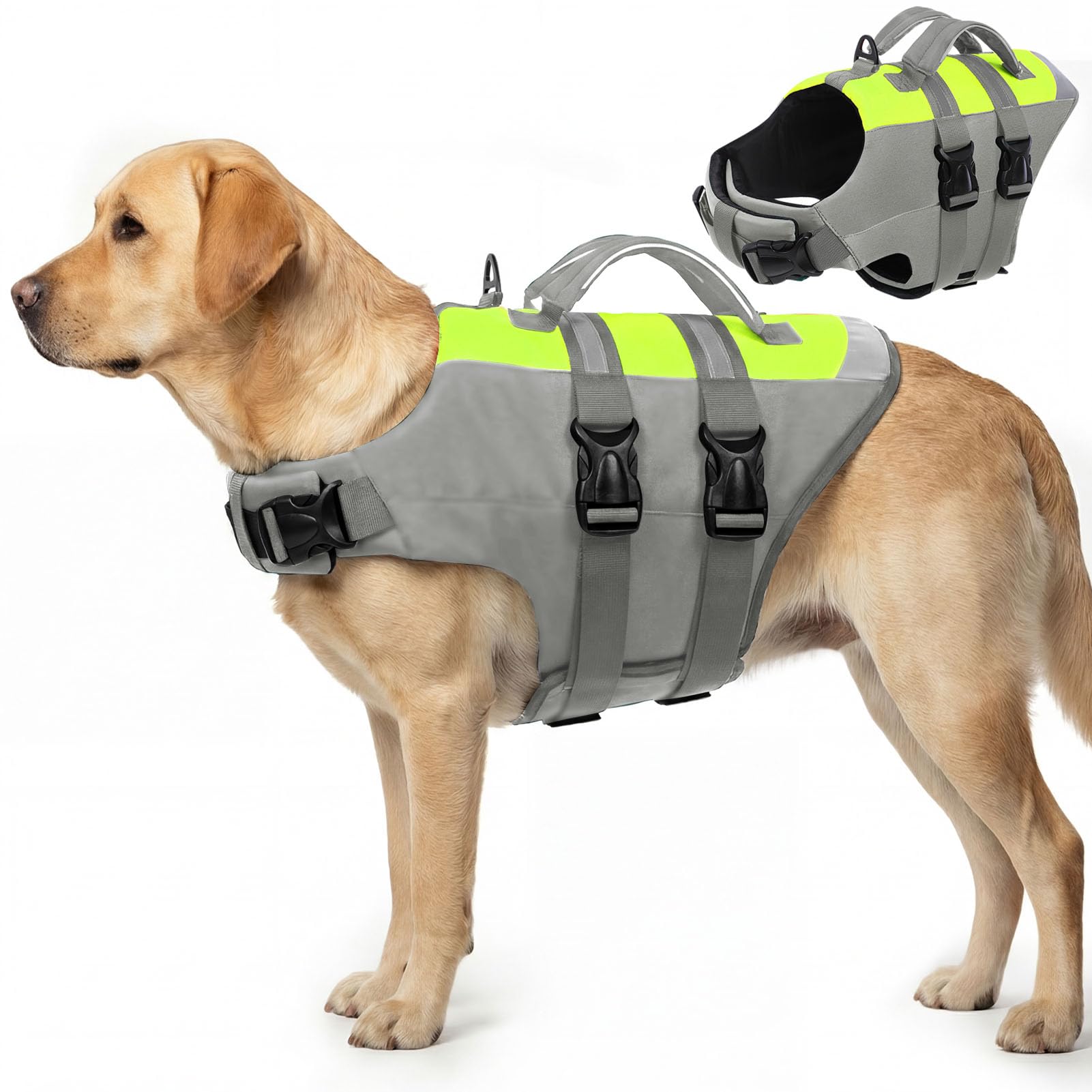 CITÉTOILE Chaleco Salvavidas para Perros con Doble Asa - Chaleco Reflectante Flotante con Asas Reforzadas y Correas Ajustables para Natación, Barco, Gris, XL