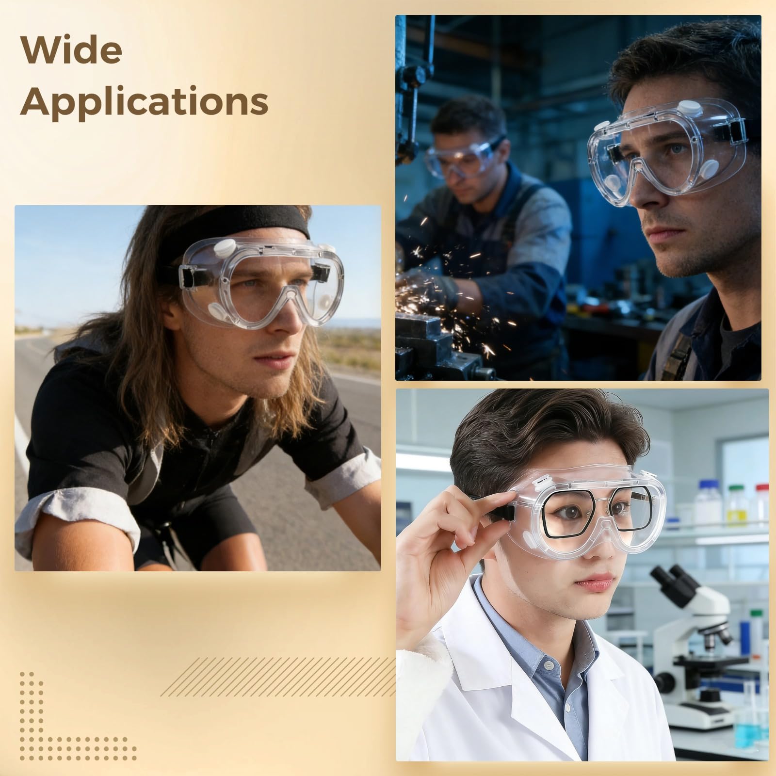 6 Stk. Sicherheitsbrillen, transparente Arbeitsschutzbrille mit verstellbarem Gurt, Vollabdichtung für Augenschutz, für Bau, Labor, Zuhause, PC-Scheiben, beschlagfreie Sicht und klare Farben