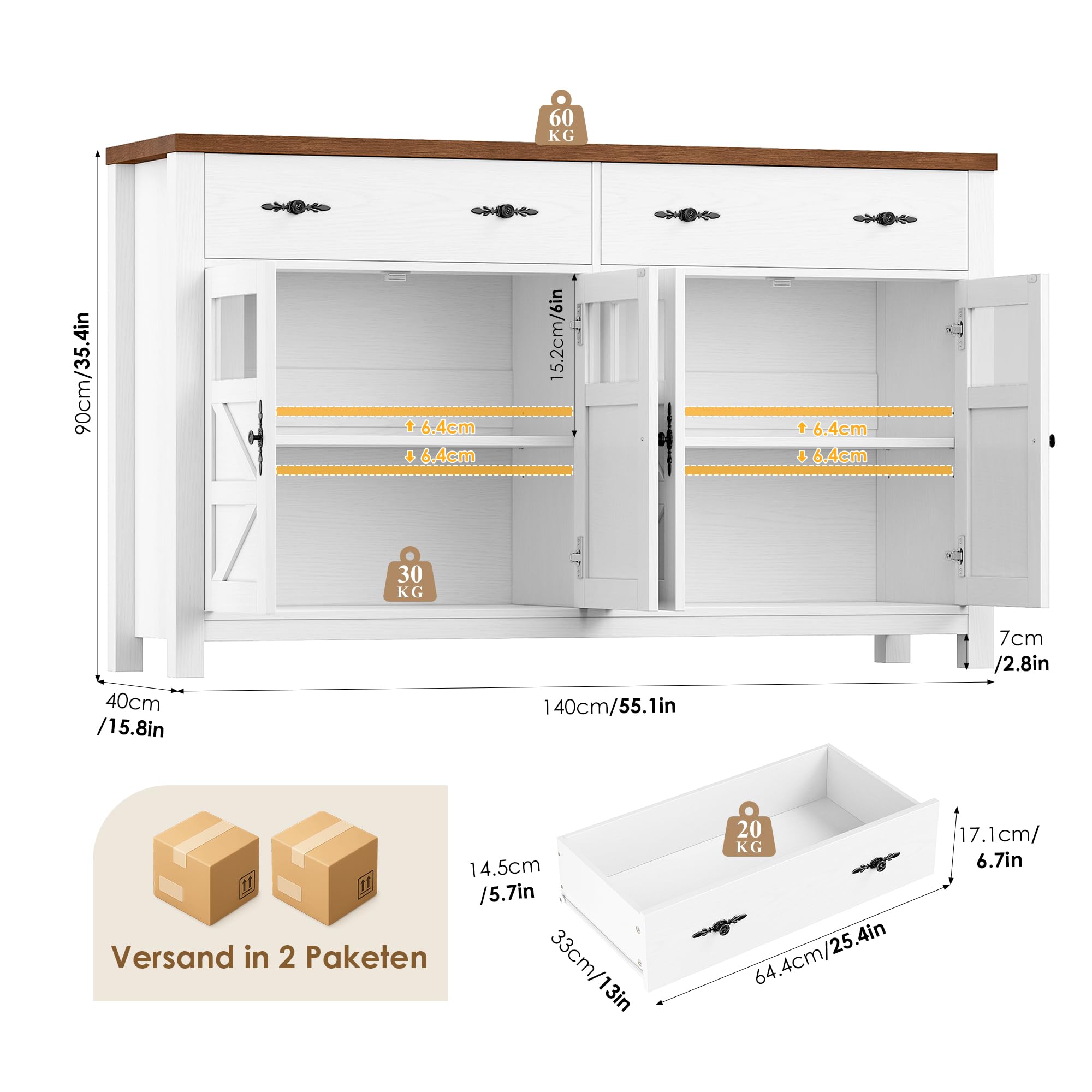 FirFurd Sideboard weiß 140 cm Küchenschrank mit 2 Schubladen 4 Türen | Buffetschrank Küchenbuffet mit Arbeitsplatte, Küchenkommode Vorratsschrank für Wohnzimmer Küche Esszimmer, 140 x 40 x 90 cm