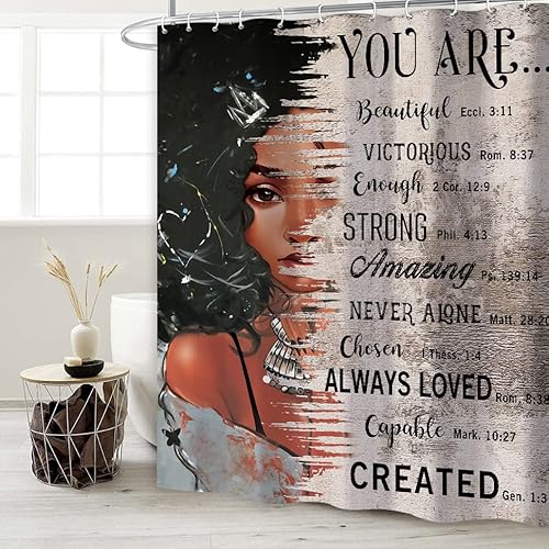 Yookeb African American Black Girl Quotes Bathroom Shower Curtain Afro Postive Inspirational Motivational Bible 60W By 71H Inch Polyester Fabric 12 Plastic Hooks Waterproof Decor #TOP2