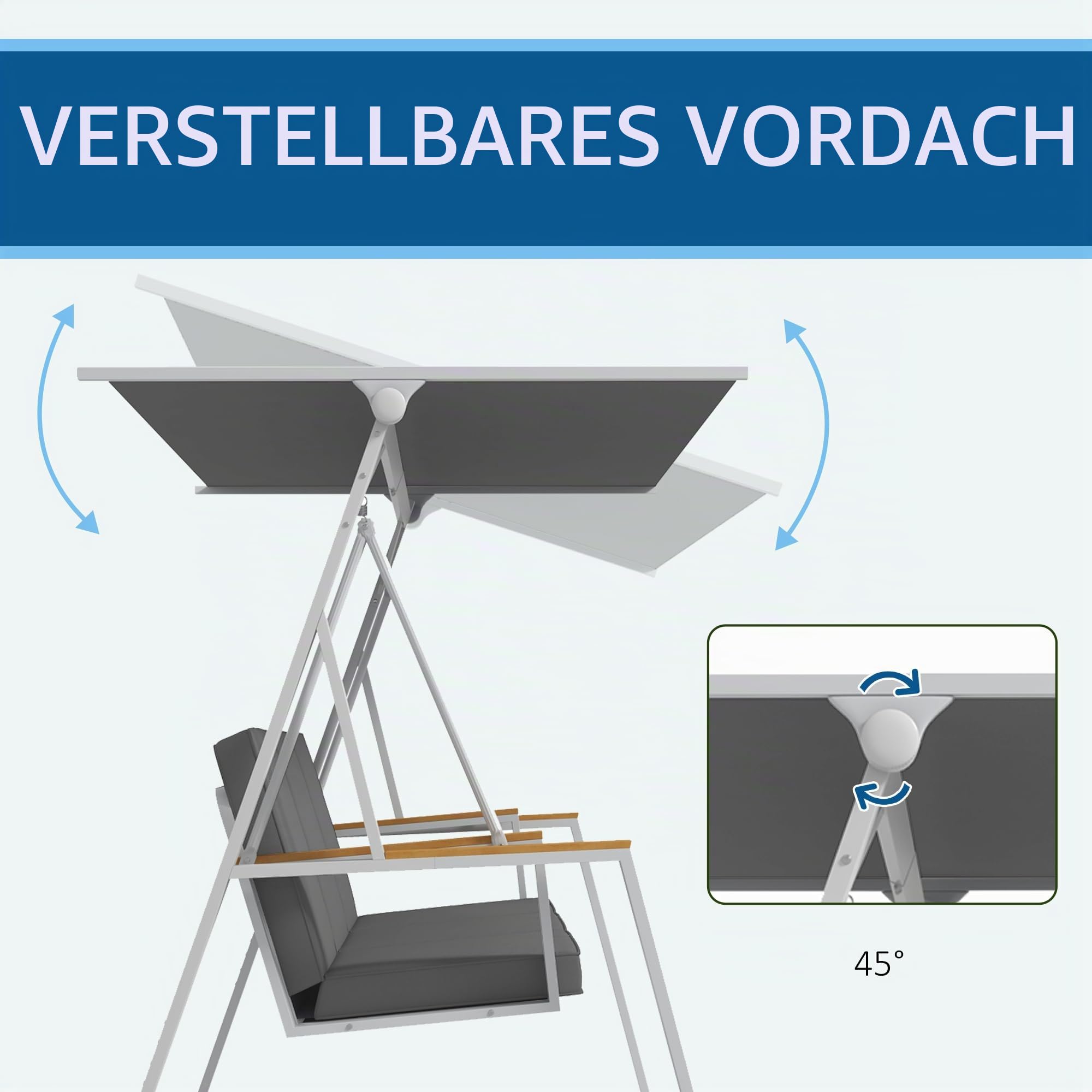 Outsunny Gartenschaukel, 3-Sitzer, mit Dach, verstellbare Neigung, Matratze im Lieferumfang enthalten, 205 x 130 x 175 cm, Stahlrahmen, dunkelgrau