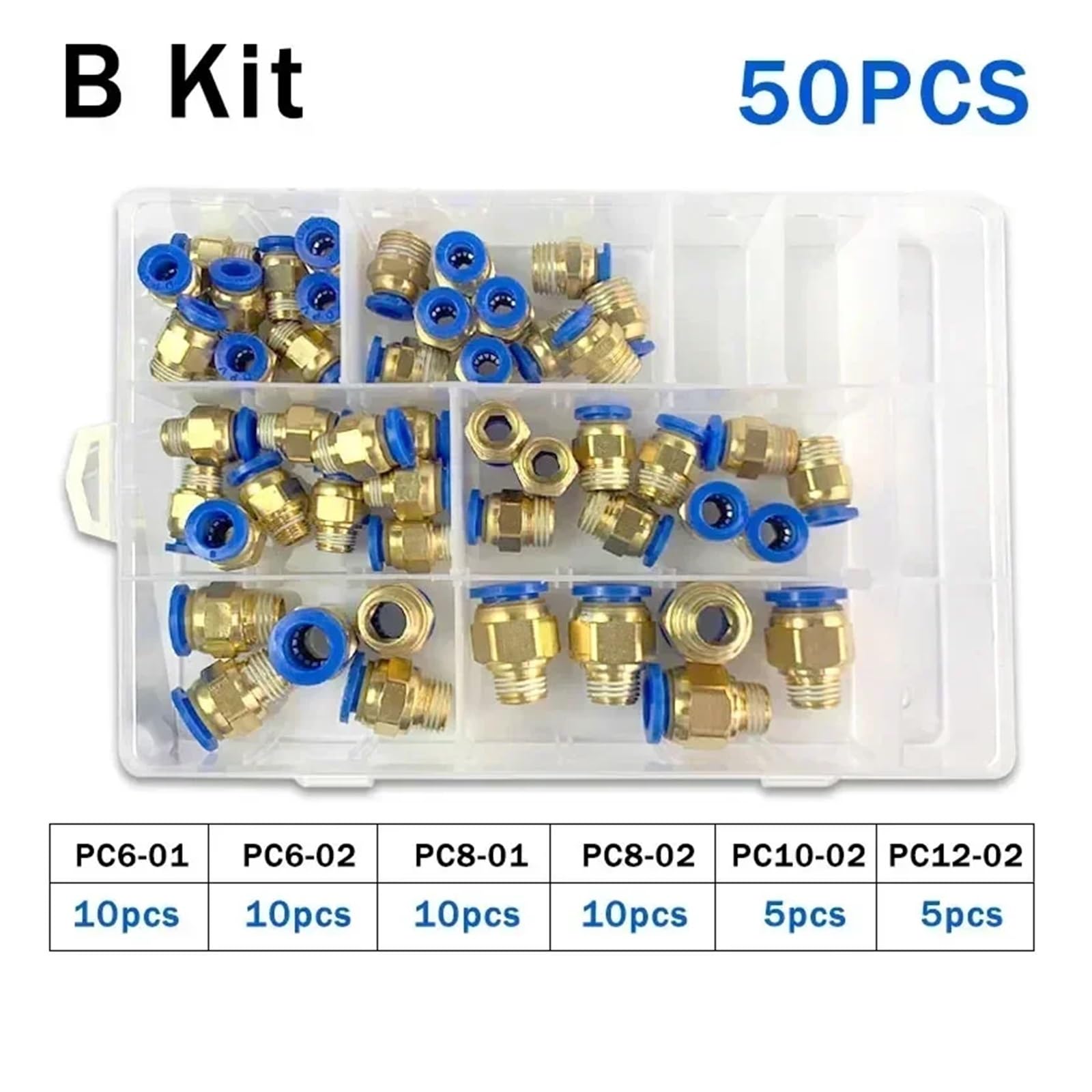 Seria PC w pudełku 4 mm, 6 mm, 8 mm, 10 mm, 12 mm, przeguby pneumatyczne do węży, złączki szybkozłączki 1/4 i 1/8 (zestaw B (50 sztuk))