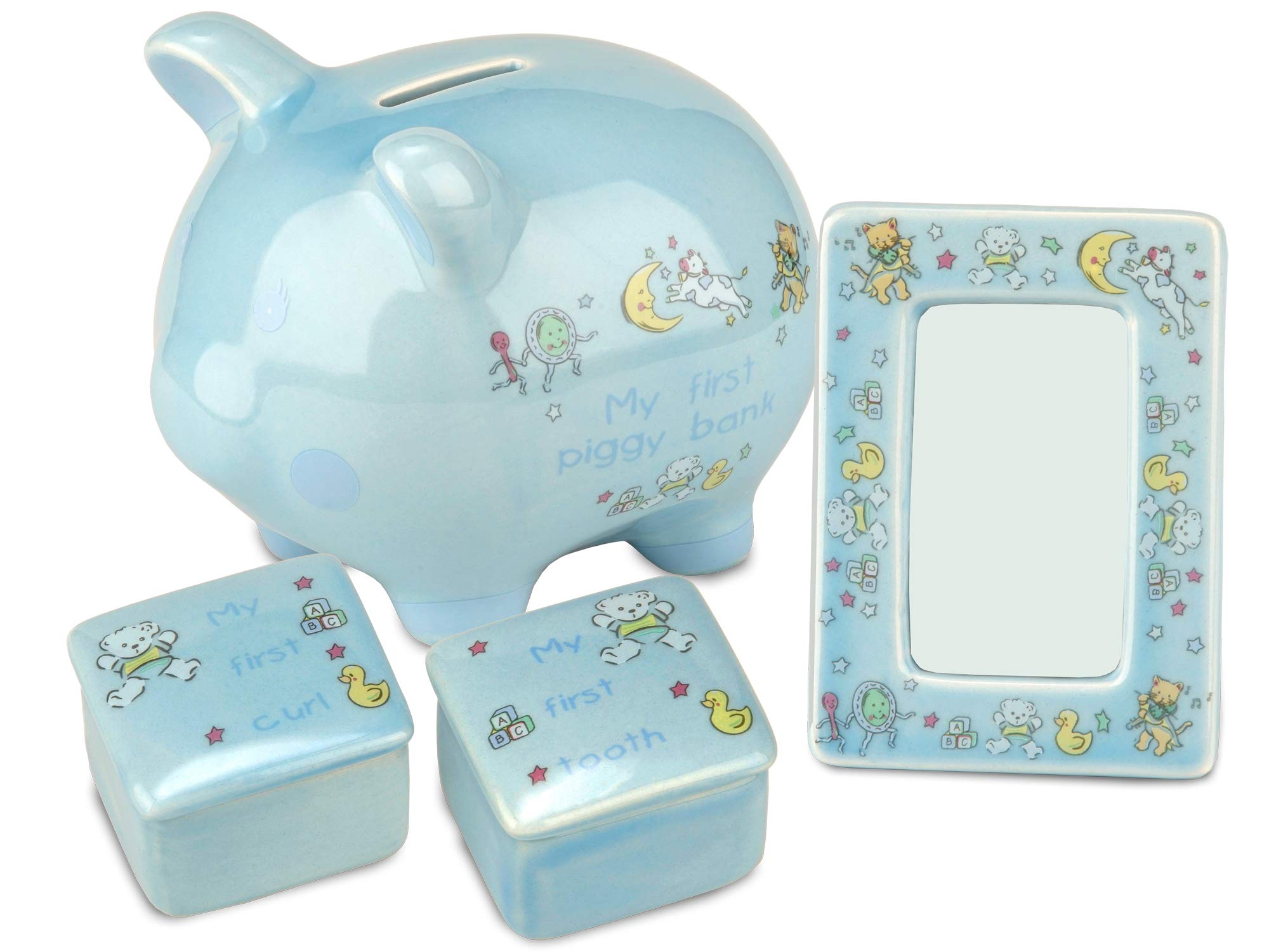 BRUBAKER My First Piggy Bank Gift Set for Baby Boy - 4 Pcs Keepsake Gift Set Includes Piggy Bank, First Curl, First Tooth and Photo Frame - Blue