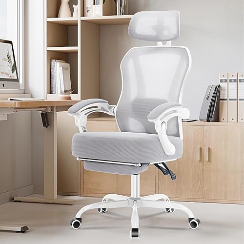 Miniatura 8 de Silla de oficina ergonómica con reposapiés, silla de escritorio de oficina reclinable ultra gruesa con soporte lumbar ajustable 2D y reposacabezas,