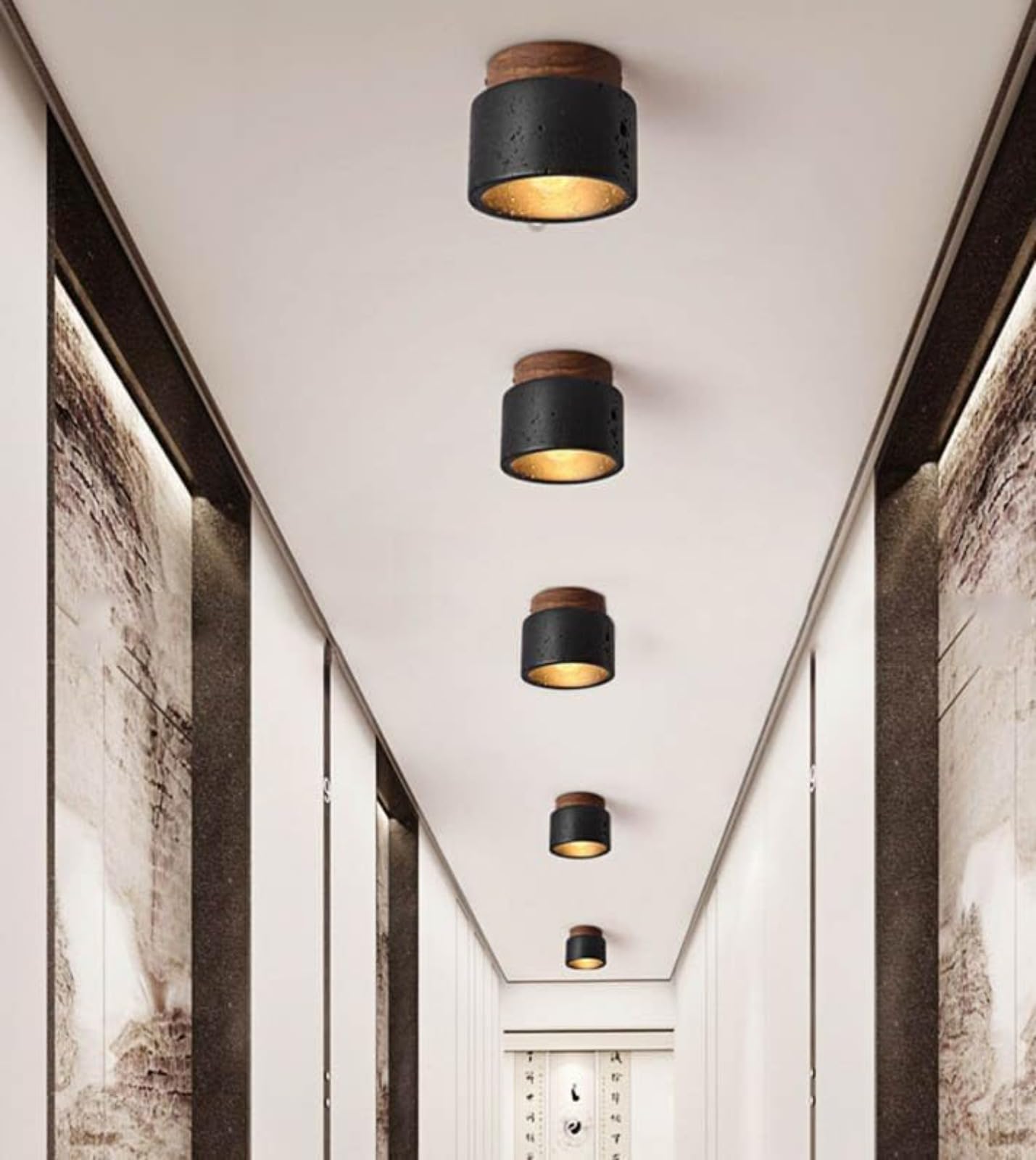 Plafón de Travertino Amarillo, Diseño Vintage, Lámpara de Techo Creativa para Dormitorio, Montaje Semi-Empotrado, Base de Madera, Mini Lámpara de Techo para Casa de Campo y Pasillo (Black)