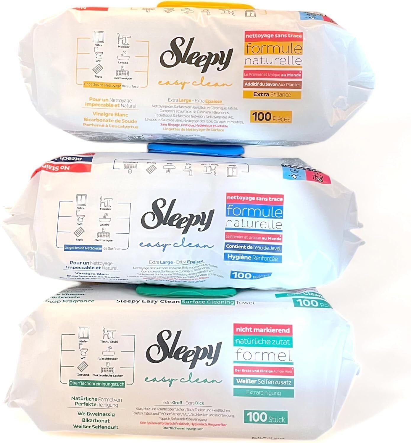 Clearfee Sleepy - Lot de 3 lingettes humides de nettoyage de surface - 100 feuilles XXL chacune - Lingettes jetables - Puissantes
