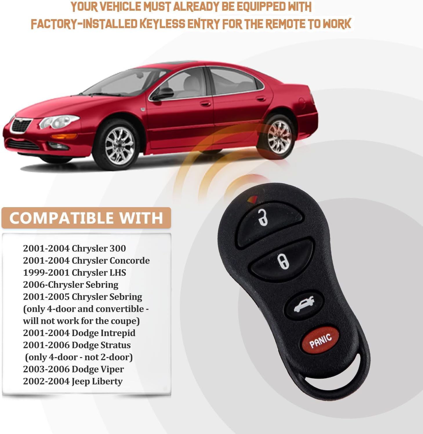 Keyless Entry Replacement GQ43VT17 Car Key Fob for 2001-2004 Chrysler 300M Concorde Intrepid Sebring/Dodge Stratus Viper P/N: 04602260 (Pair)