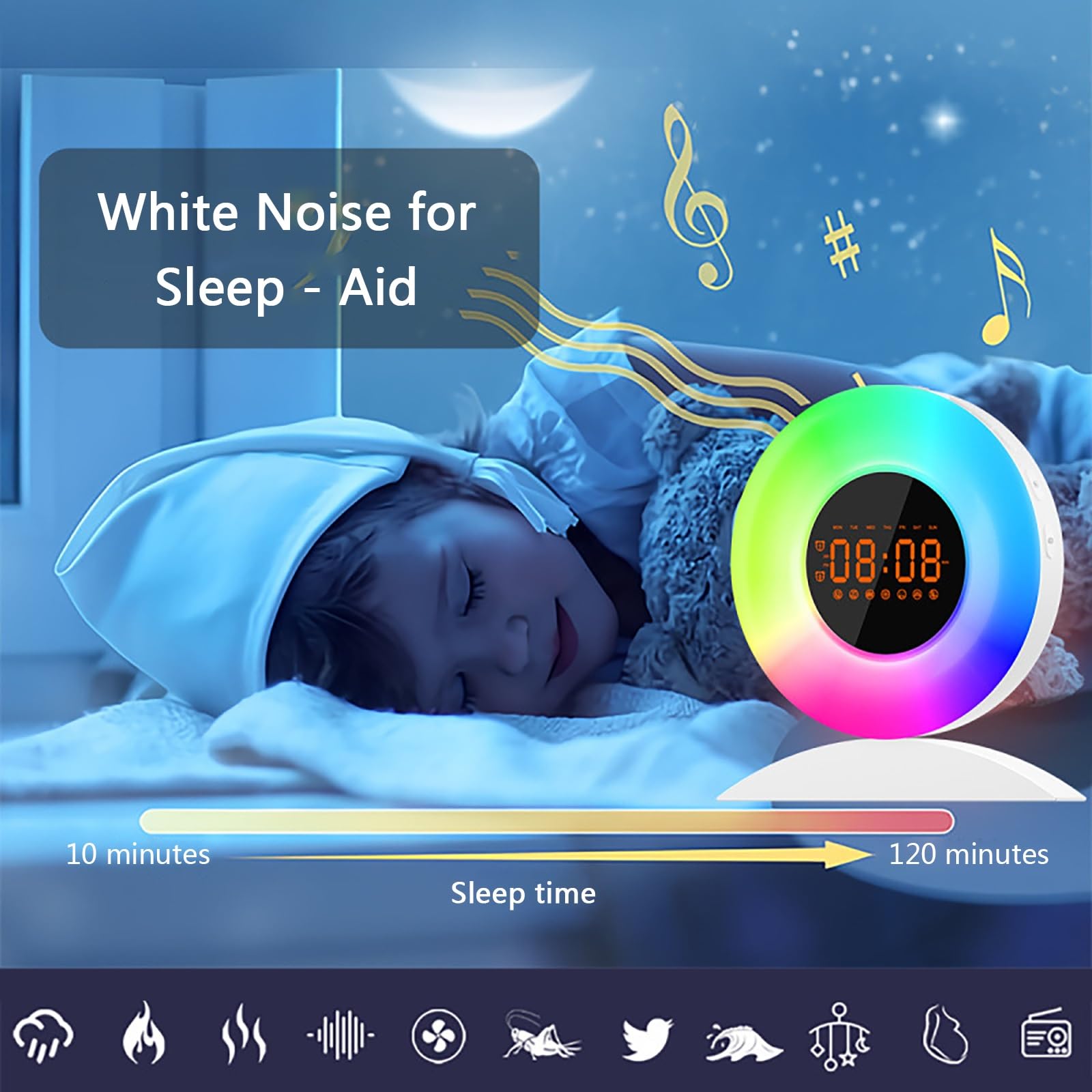 Despertador con Luz De Amanecer, Simulación Suave Del Amanecer y Atenuación Del Atardecer, 8 Sonidos Naturales De Ruido Blanco, Función De Repetición para Relajarse