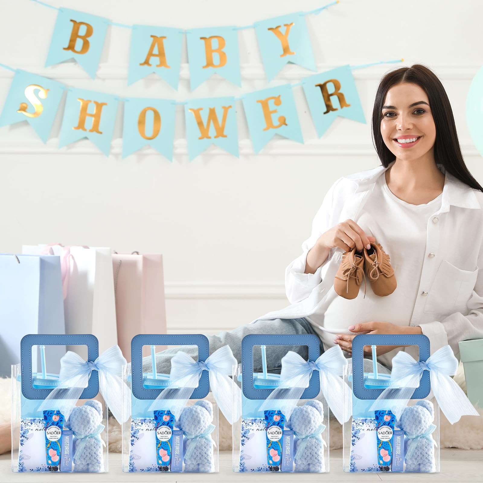 6 juegos de premios de baby shower para ganadores del juego, regalos para baby shower, incluye vasos de plástico, bloc de notas, bálsamos labiales, cremas de manos, toallas de baño de oso, bolsas de