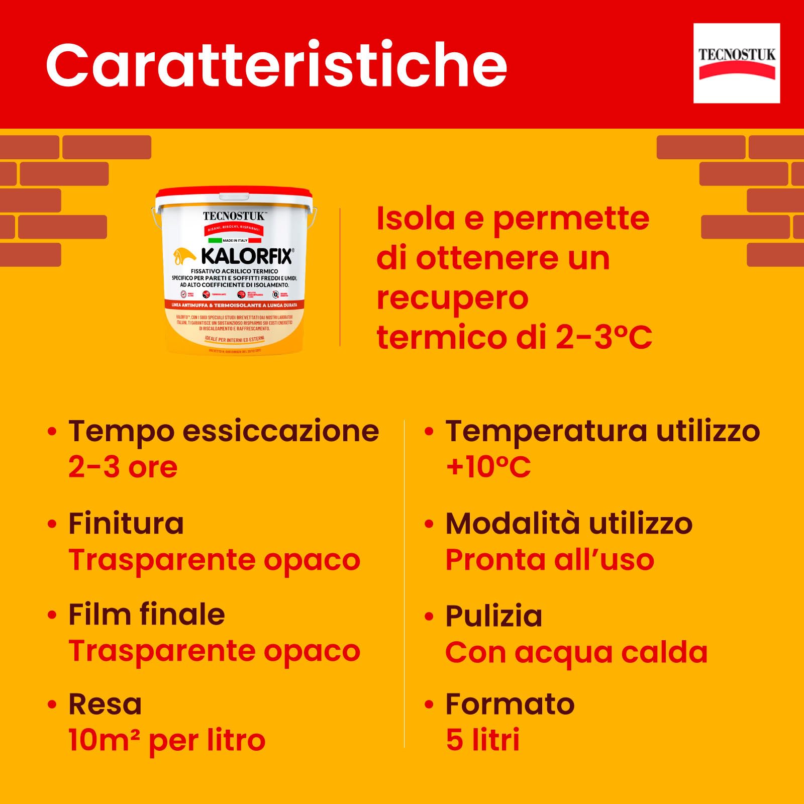 Eurocali Kalorfix Tecnostuk lt.5 Fissativo Isolante Termico per Muri Interni ed Esterni Made in Italy - Resina Acrilica in Emulsione con Microsfere di Vetro per Isolare