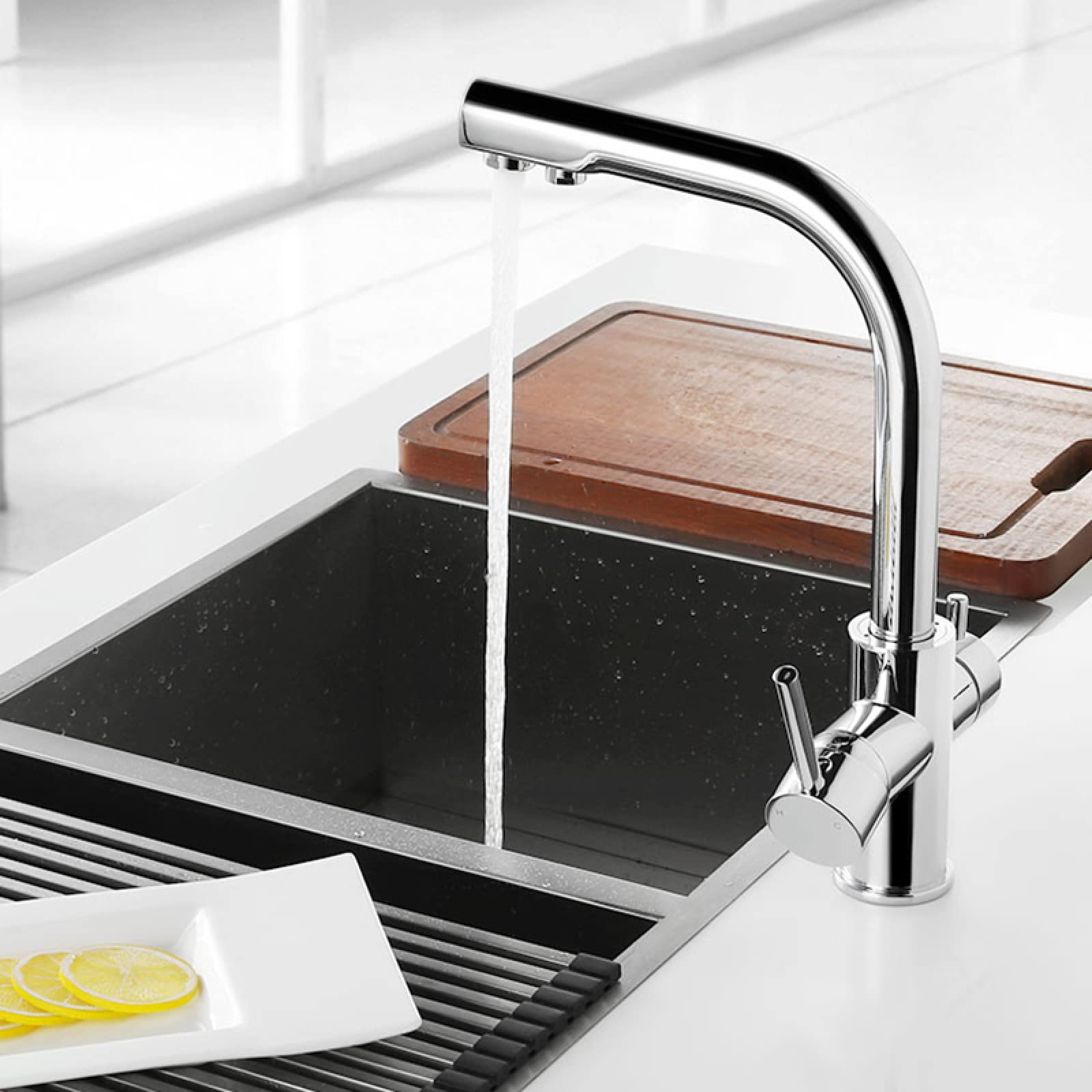 Grifo de latón blanco y negro, agua pura, cocina, doble manija, agua potable fría y caliente, filtro de 3 vías, grifos mezcladores de cocina, blanco To pursue happiness