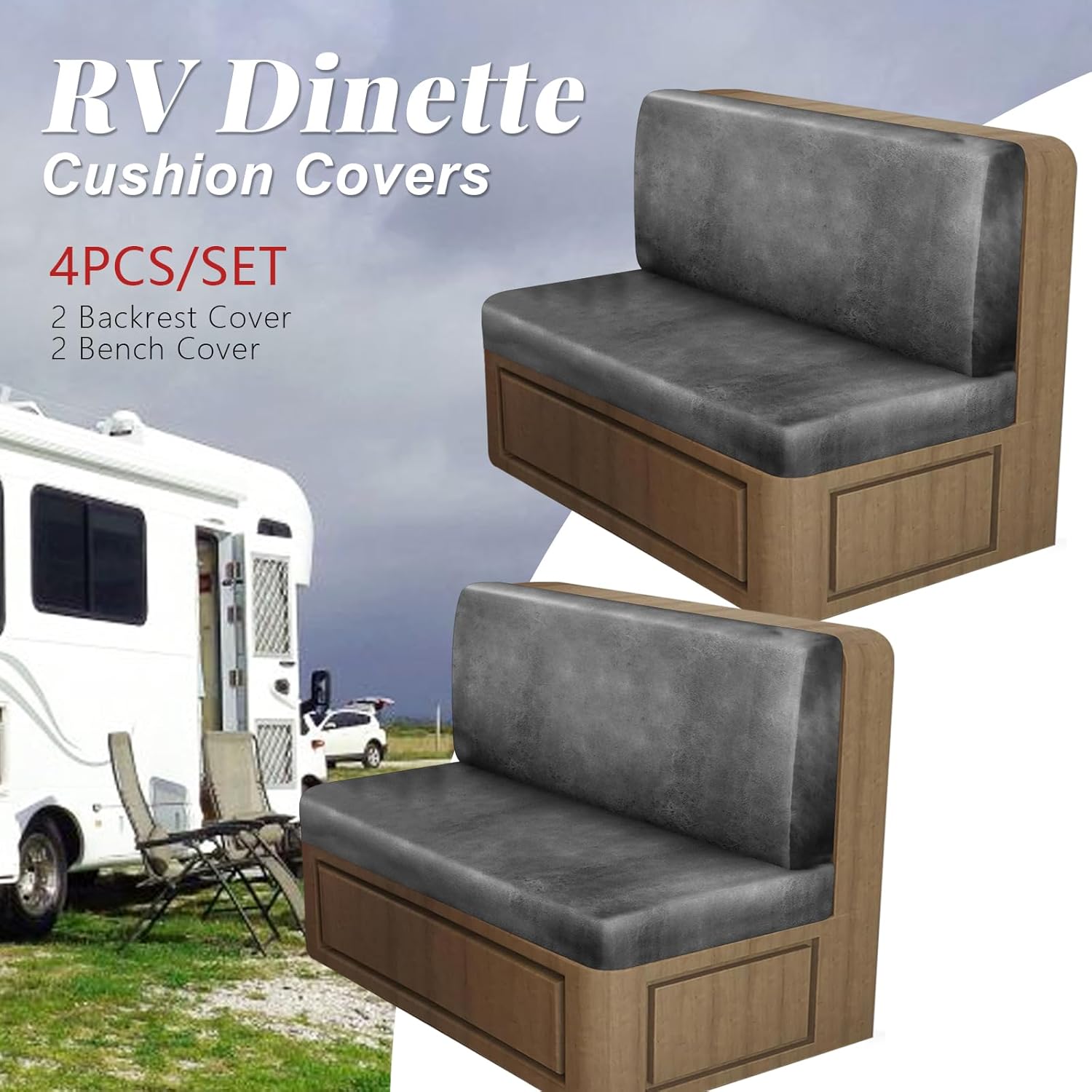 Leather Look RV Dinette Cushion Covers, Stretch Camper Cushion Slipcovers for Travel Trailer Couch RV Booth Seat, Replacement Camper Sofa Chair Protector (2 Backrest Cover & 2 Bench Cover,Light Grey)