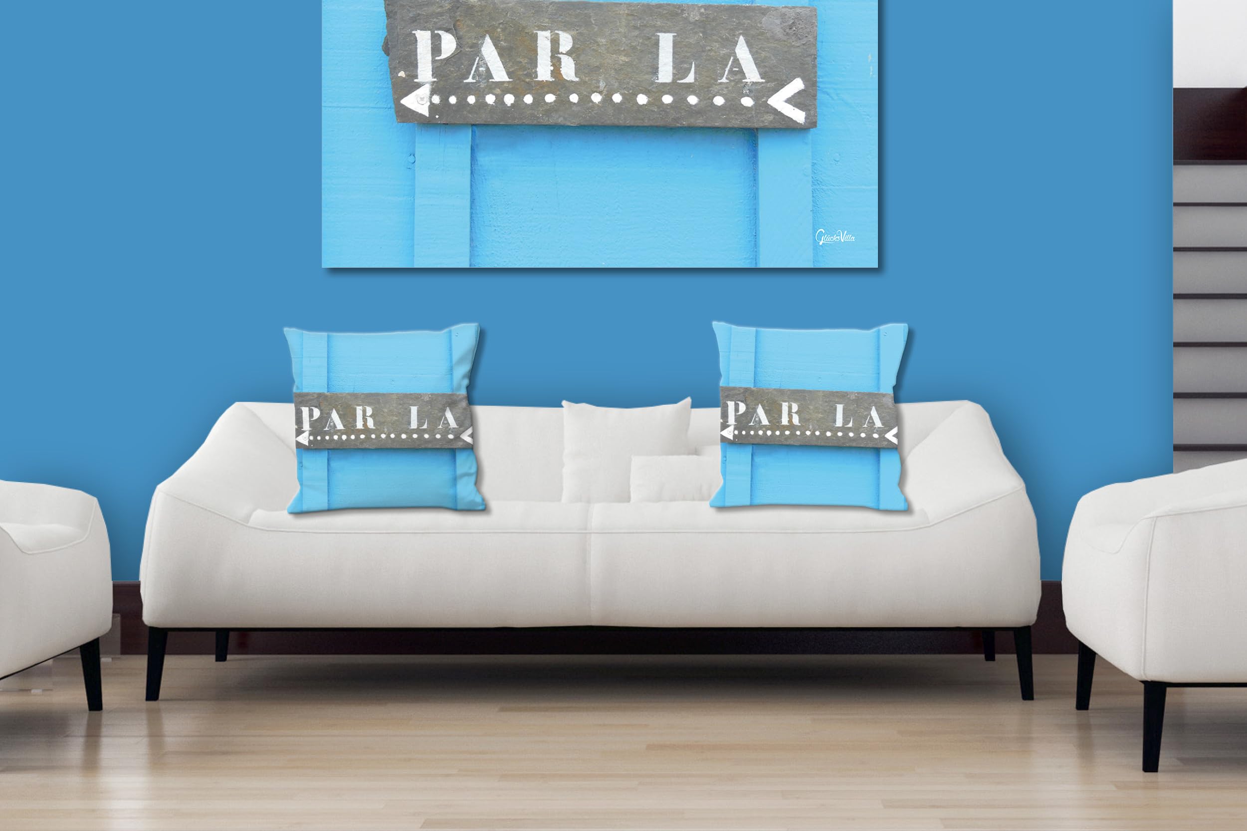 Par là - Foto-Kissen-Hülle Set (2 STK.) 40 x 40 cm | Kissen-Bezüge - passend zu Wandbild - Deko-Kissen - Frankreich Pfeil Schild Eingang Museum