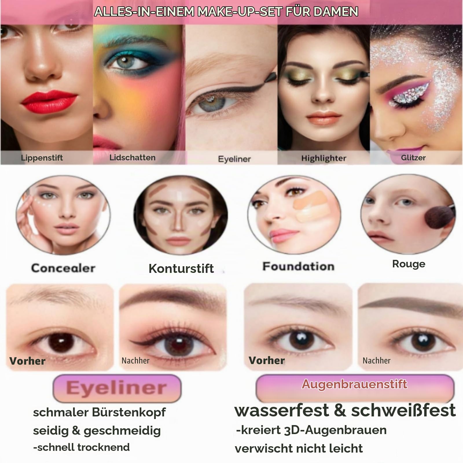 Beauty 26 Stück Urlaub Geschenk-Sets, komplettes Kosmetik-Starter-Set mit Lidschatten, Grundierung, Concealer, Lipgloss, Rouge, Eyeliner, Überraschungs-Geschenkset zum Muttertag und zum Geburtstag