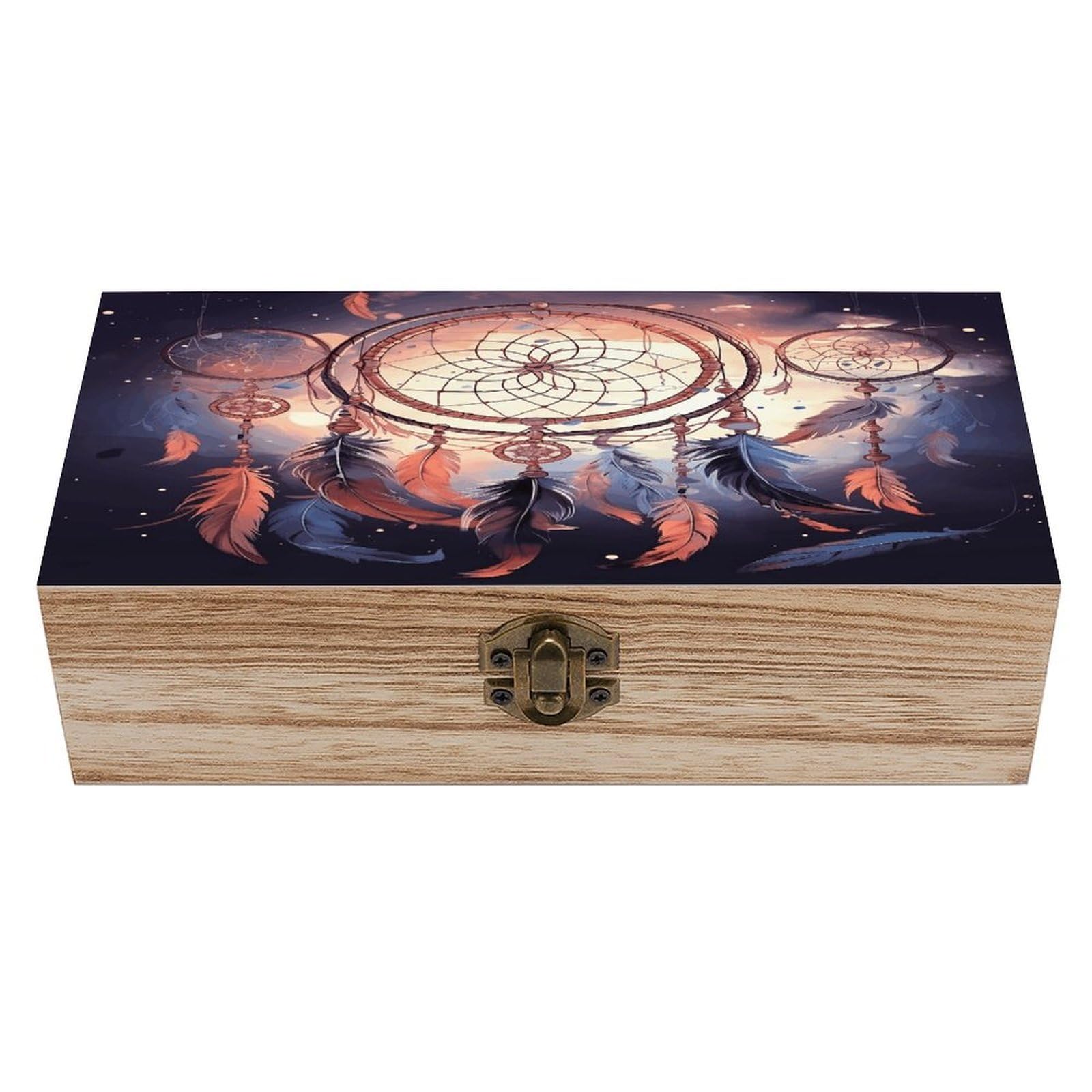 VstaDank Native American Dream Catcher Wooden Storage Box Wooden Keepsake Box with Hinged Lid Exquisite Solid Wood Decorative Jewelry Case Memory Box for Jewelry Photos Letters Crafts Trinkets